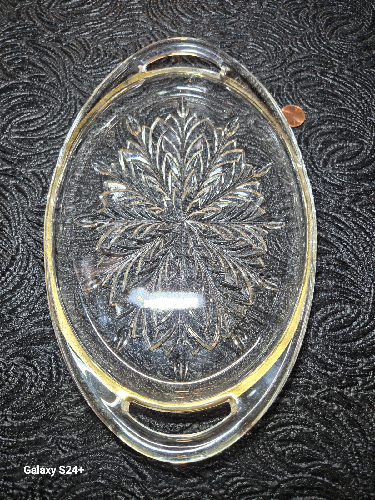 Jeanette Feather Gold Trim Handled Oval Relish Tray VTG 10-3/8 in × 6-3/8 in