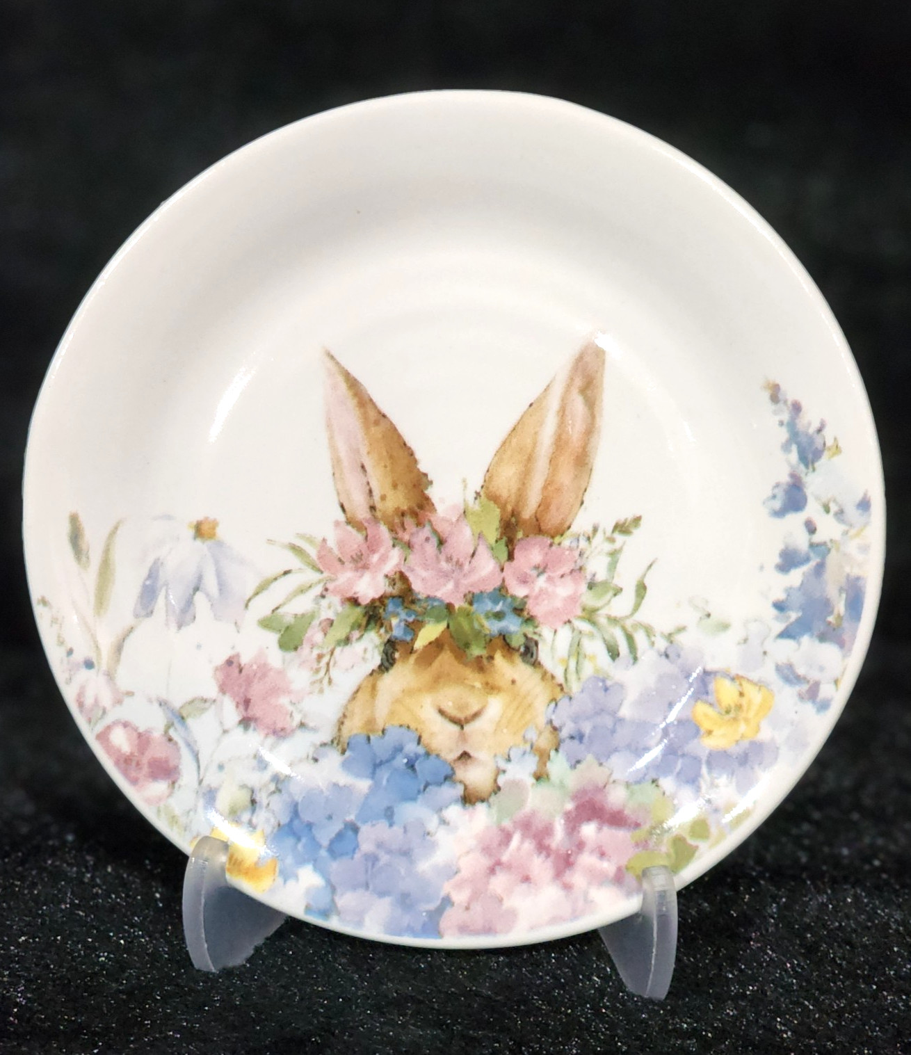 4 Watercolor Peeking Bunny Flowers Tidbit Plates 4″ Ceramic Easter Flower Crown