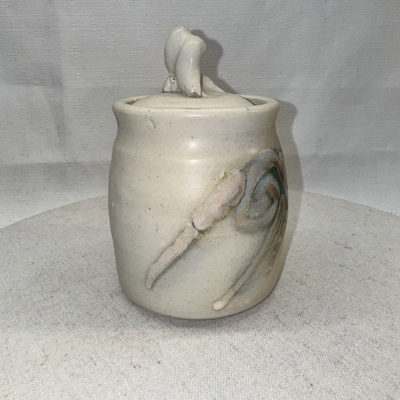 Signed Studio Pottery Lidded Jar Home Decor Cream Earthy Abstract Organic Art