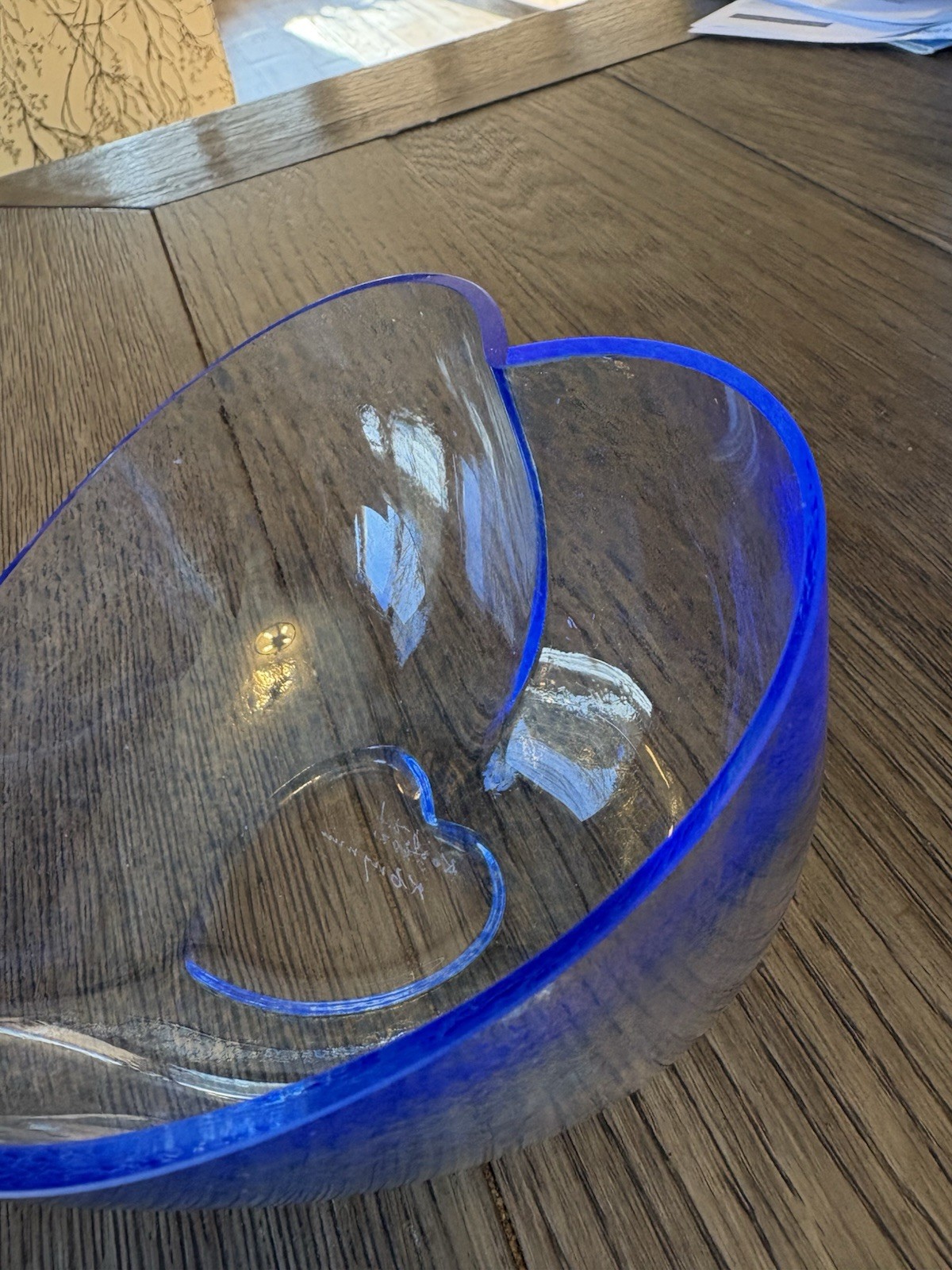 Kosta Boda Blue Heart Glass Bowl Asymmetrical Signed K Engman 6 1/4″ x 4″