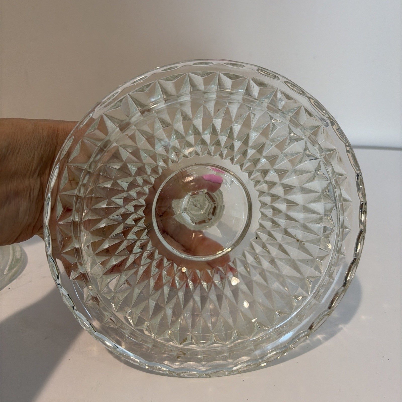 VTG Indiana Glass Diamond Point Ruby Band Covered Candy Dish Chalice 15.5″ Tall