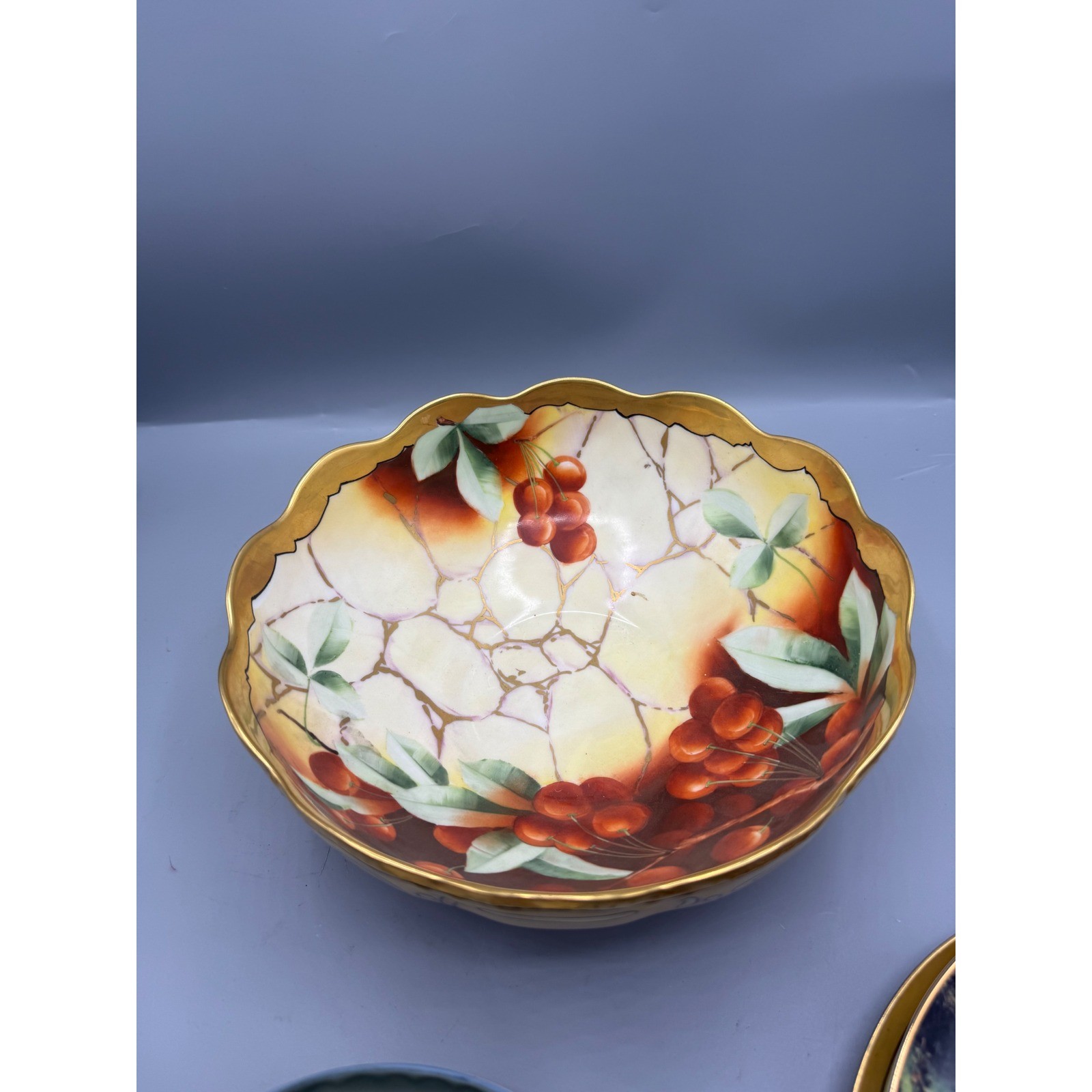 T&V Limoges France Antique Hand Painted Cherry Porcelain Bowl Artist Signed 9in