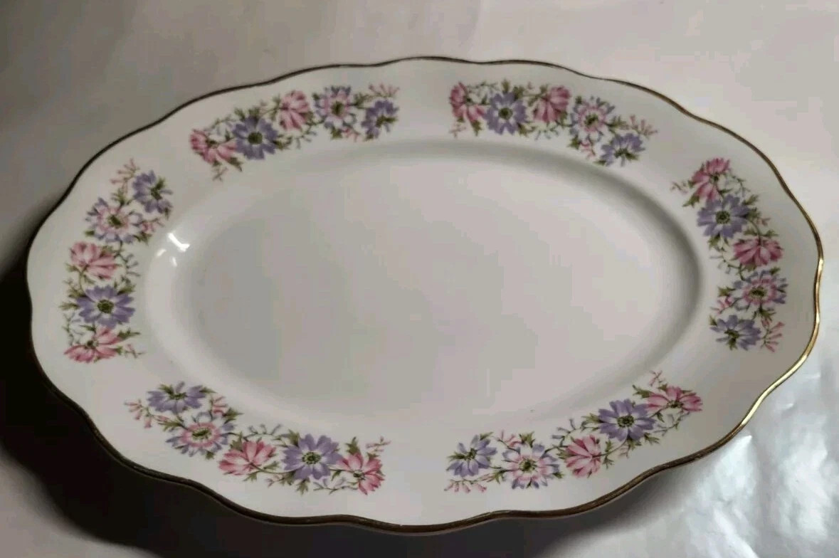Serving Platter 15×11″ Favolina Roulette Pink Purple Floral Gold Poland Vintage