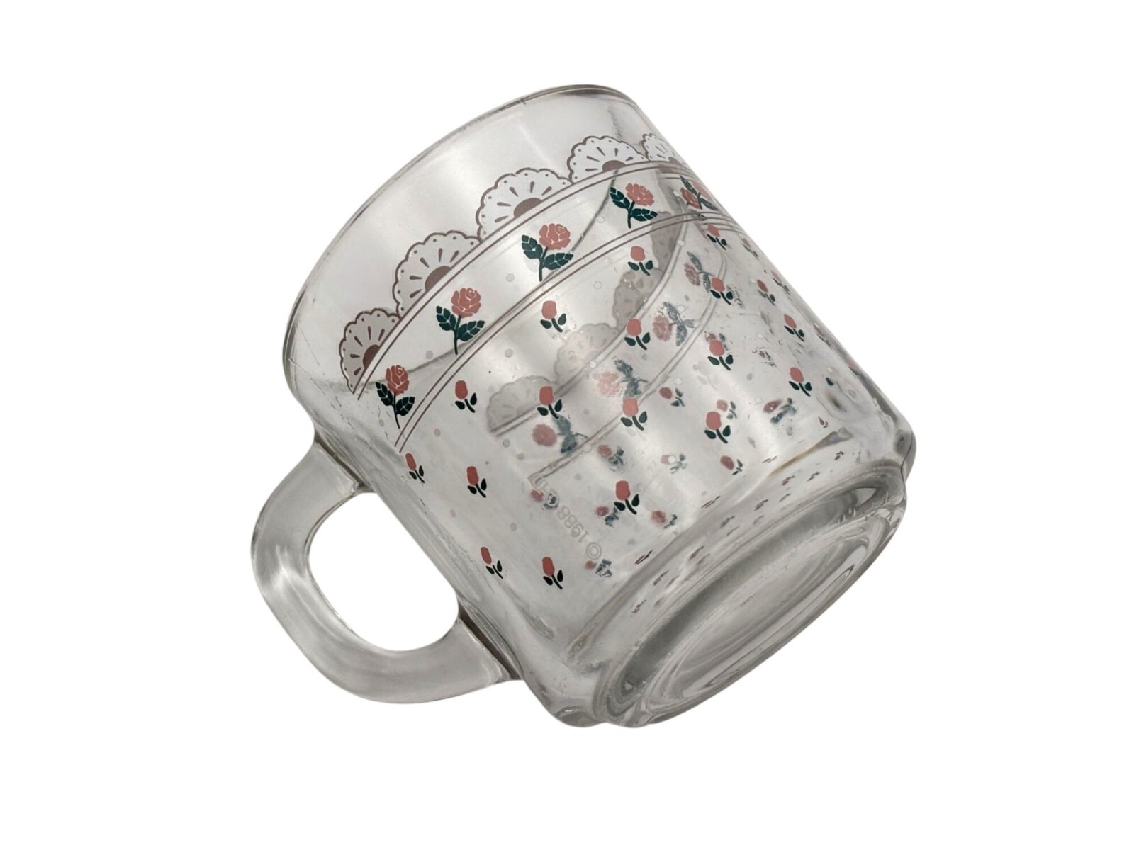 Vintage 1988 CHD Anchor Hocking Pink Floral & Lace Glass Mugs Grandma Core USA