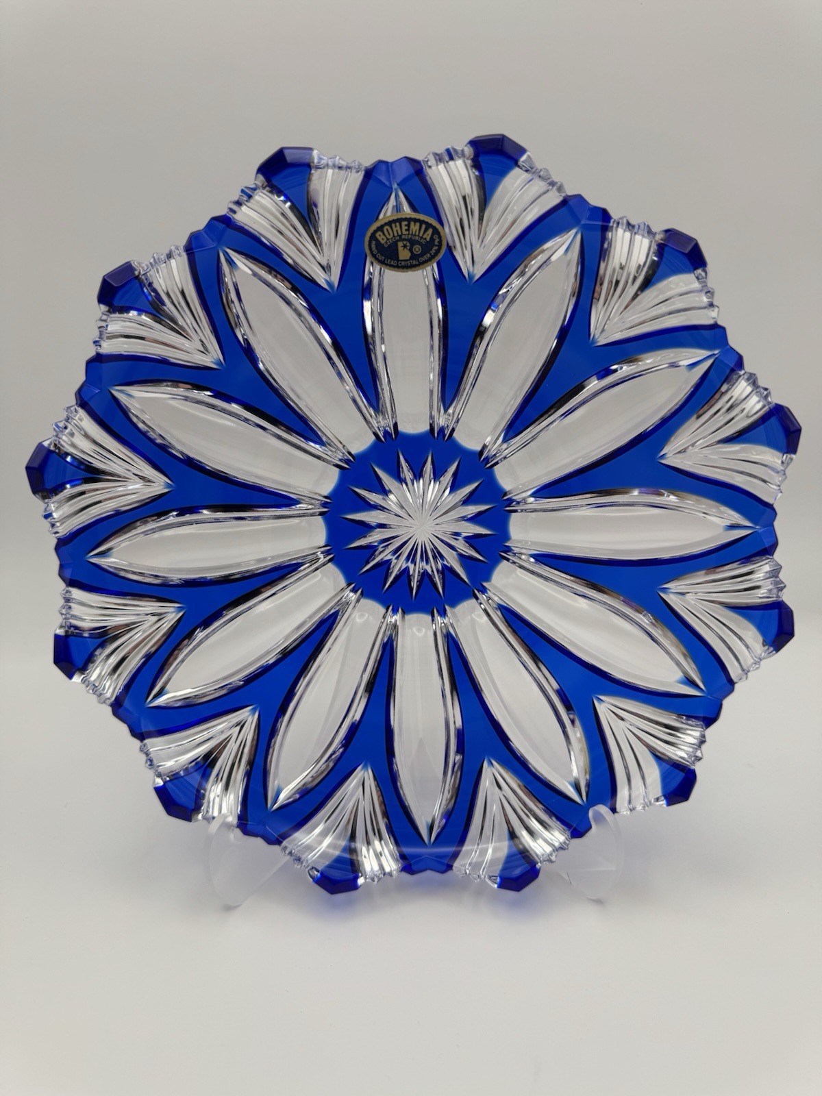 Bohemia Czech Cobalt Blue Cut to Clear Crystal Plate Charger Starburst