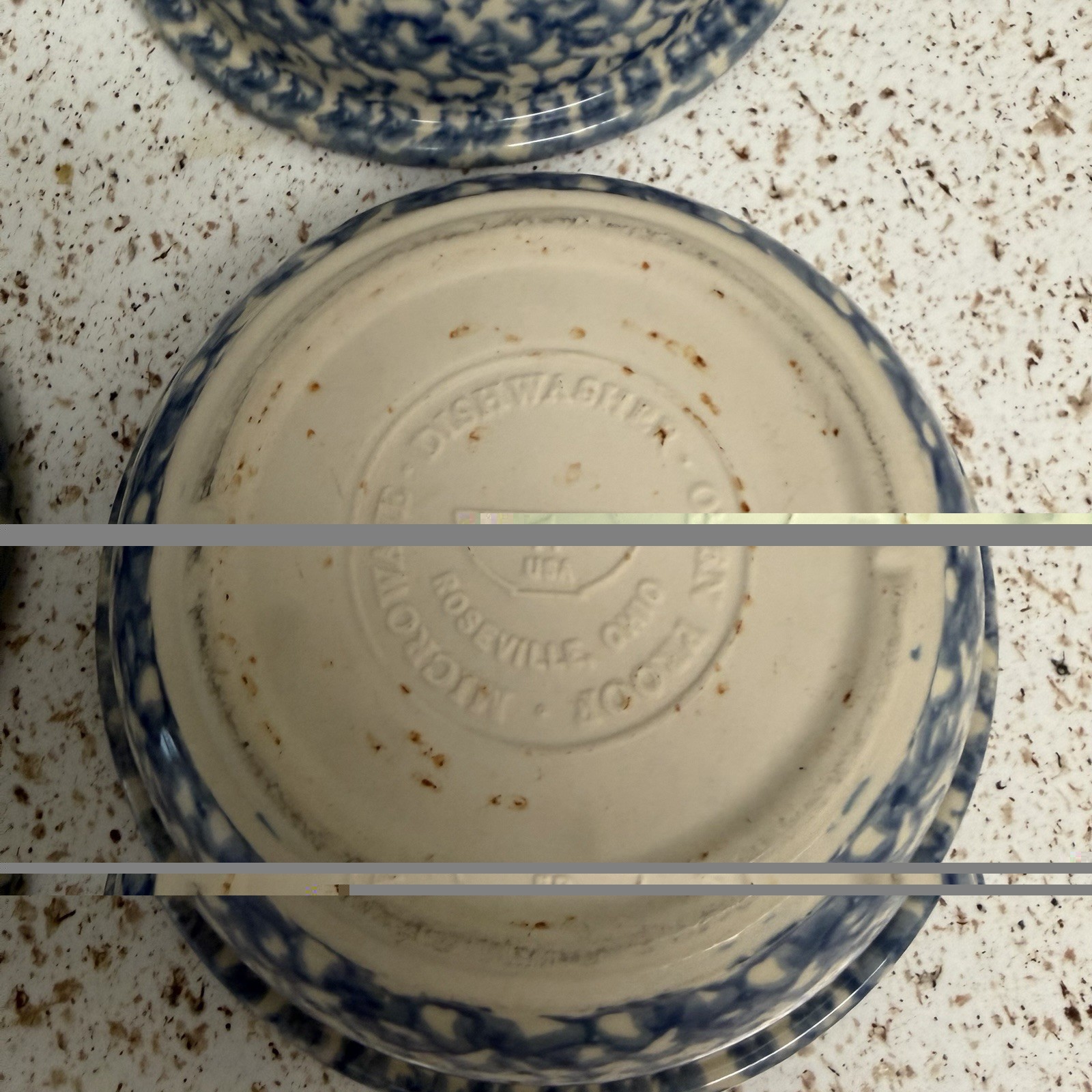 Blue Spongeware Pottery Roseville OH Cereal Soup Bowls 6.5″ Set of 4 USA Vintage