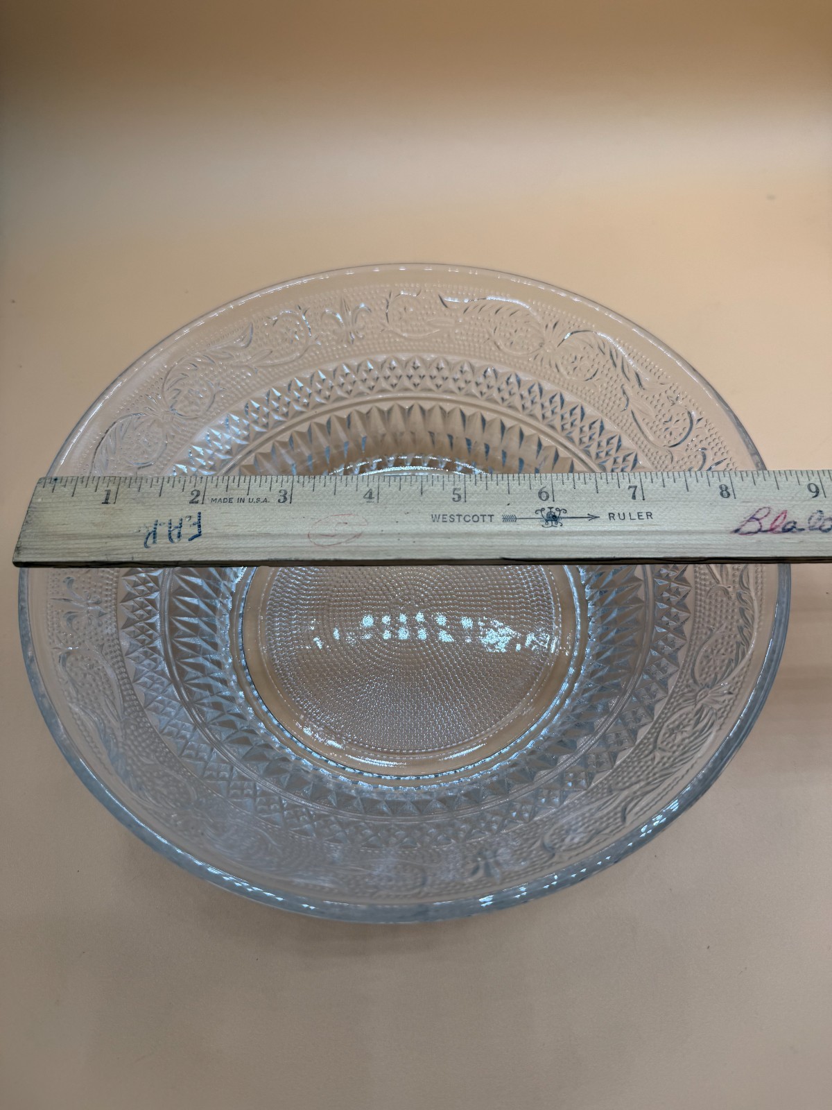 Vintage KIG Malaysia 8.5” Fleur De Lis Pressed Glass Serving Bowl