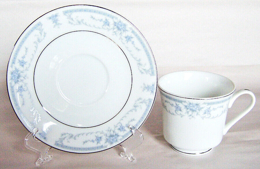 Sheffield “BLUE WHISPER” FOOTED CUP & SAUCER Blue Flowers & Scroll, Japan 1985