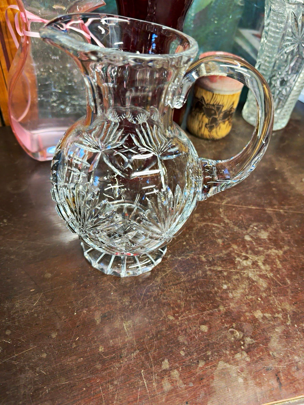 Vintage Cut Lead Crystal Creamer/ water Pitcher Fan & Diamond Pattern 6” Tall