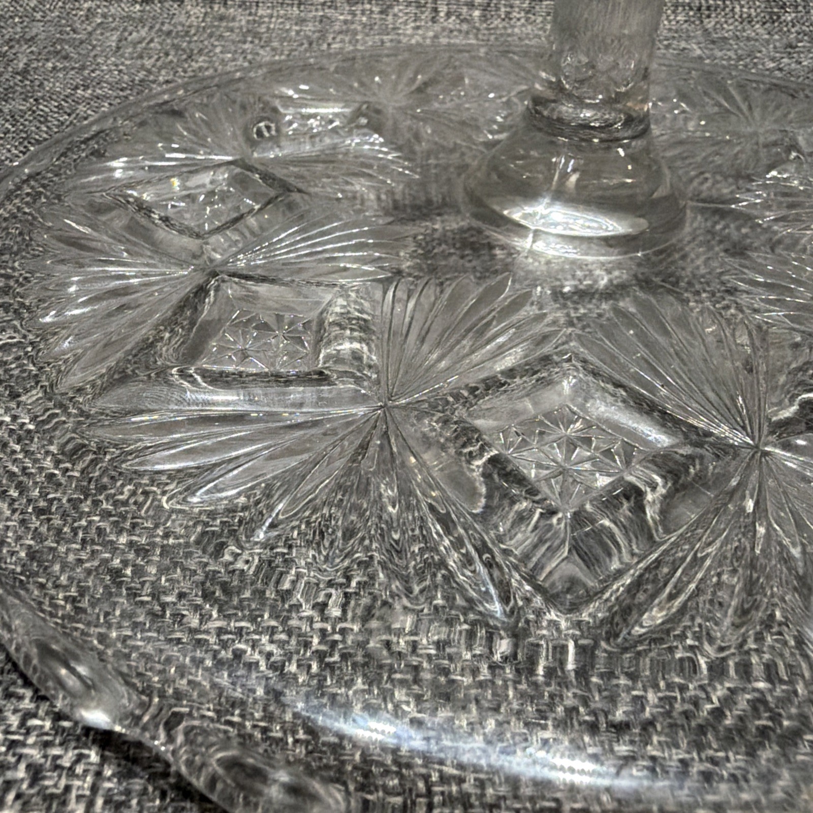 EAPG Bryce Higbee Melrose Cake Stand Sheaf and Diamond Clear Glass 1894 UV Glow