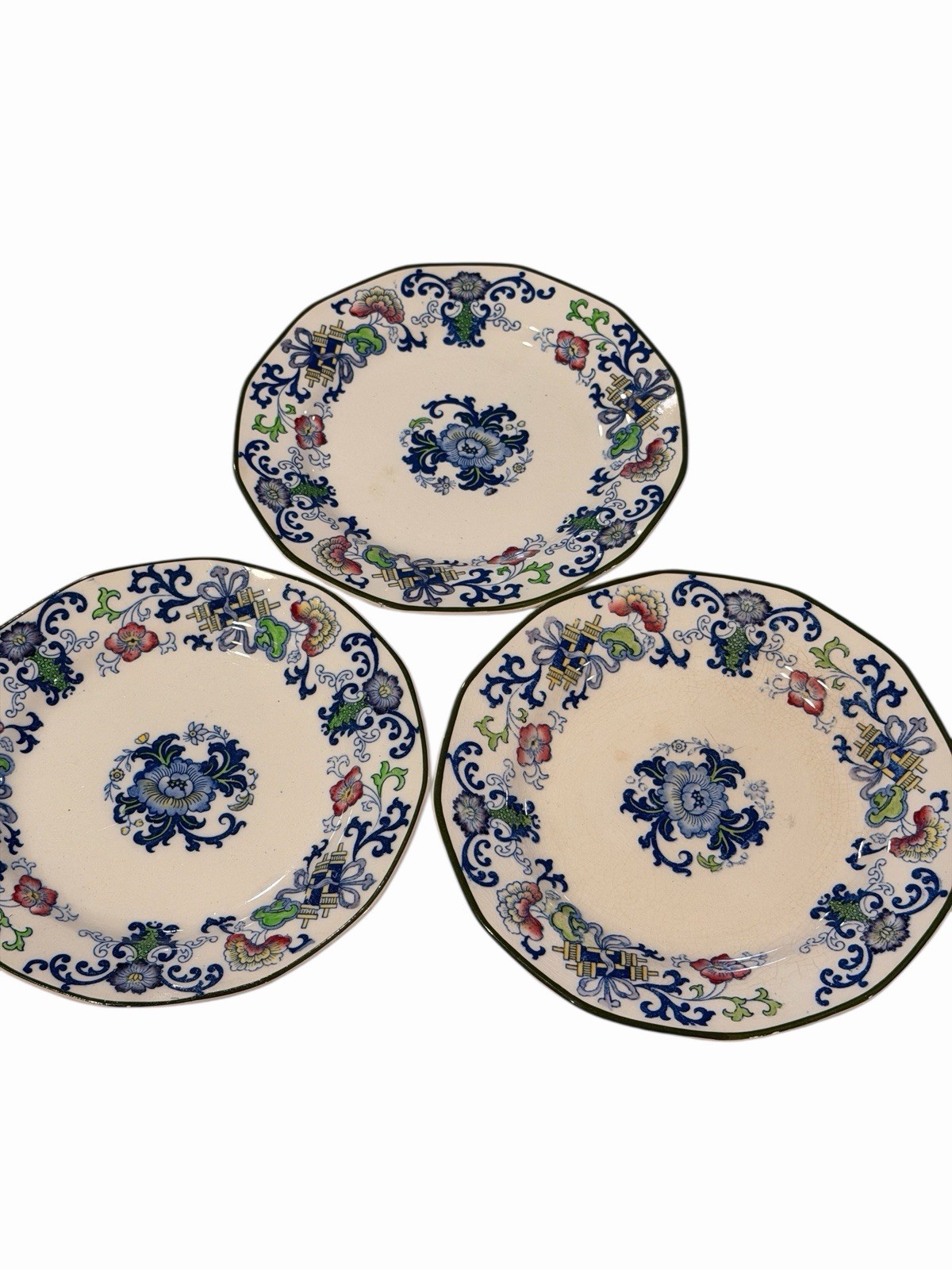 Royal Doulton Plates Antique 1913 Polychrome NANKIN 9 5/8” set of 3 Tea Plates