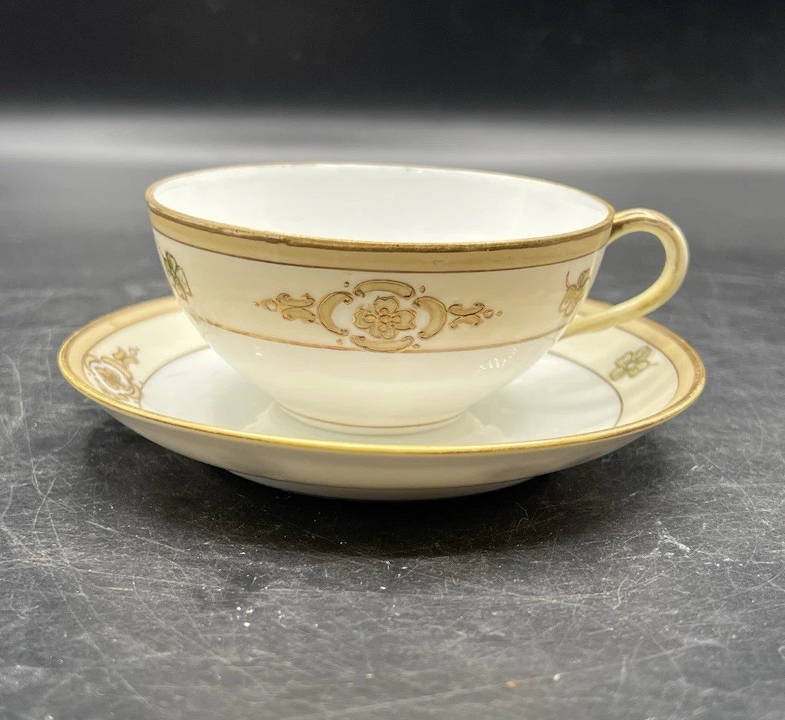 Nippon Morimura Teacup & Saucer Hand Painted Gold Design Vintage