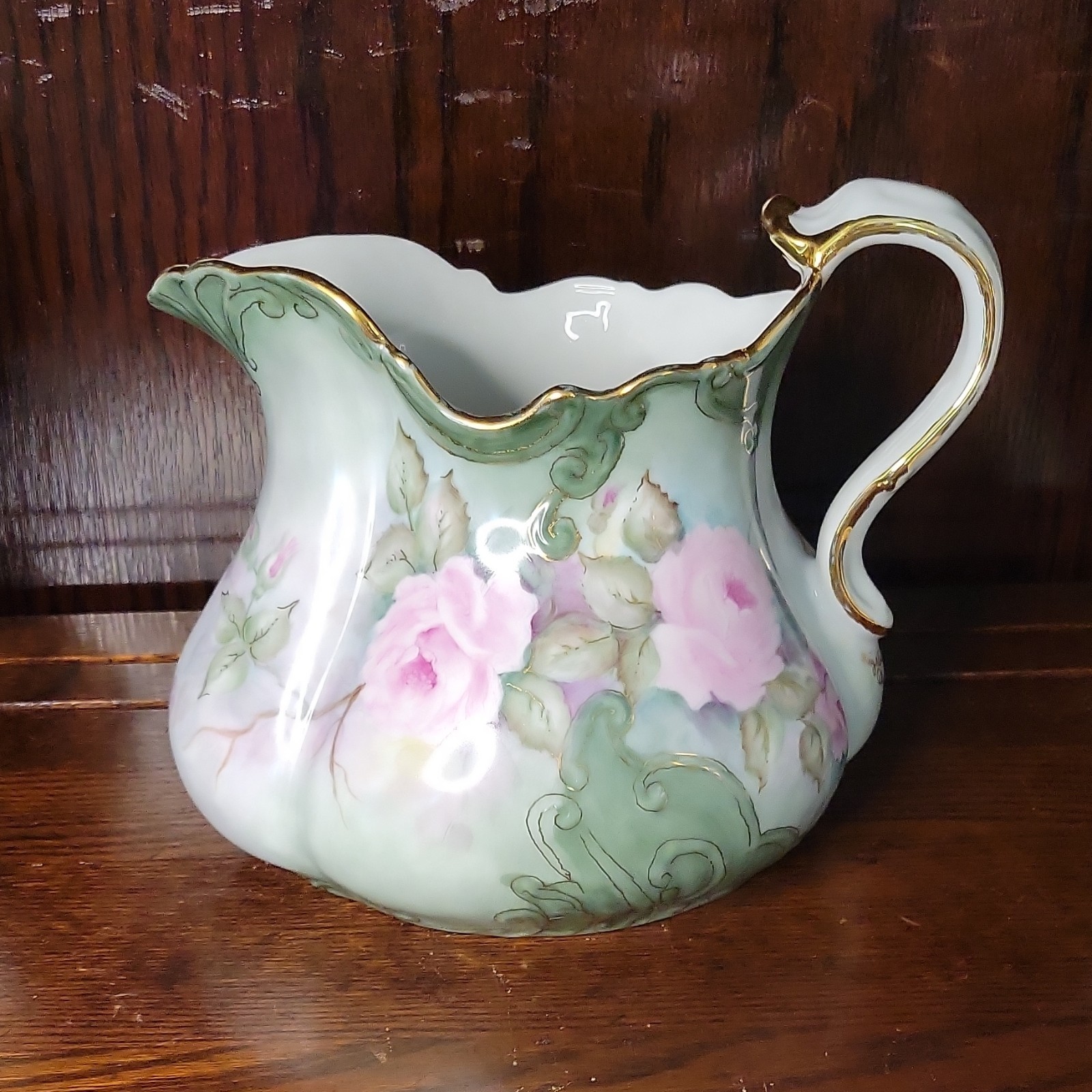 Lefton Heritage Roses Porcelain Pitcher White Pink Green Gold Trim