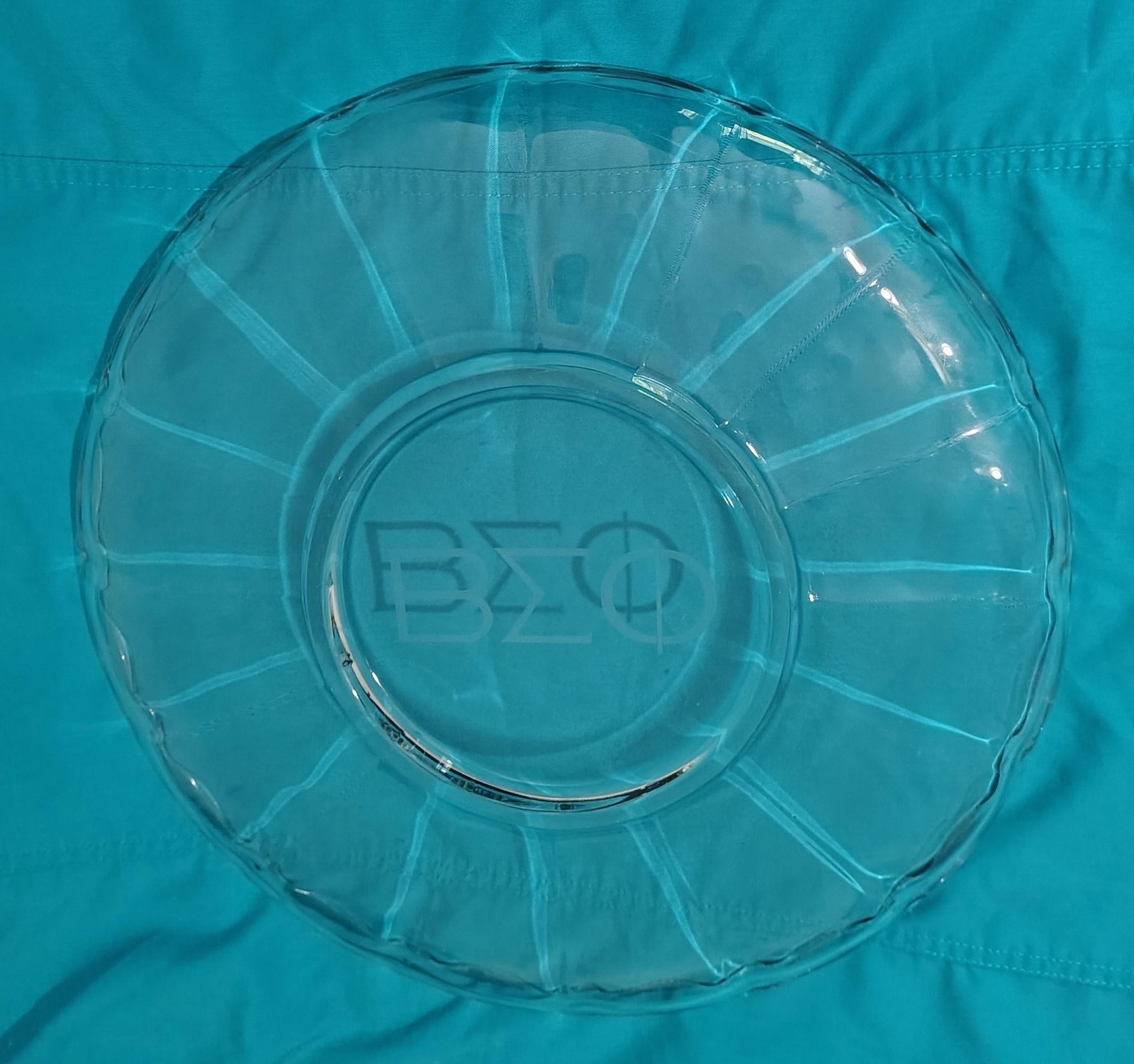 Vintage Beta Sigma Phi Glass Serving Plate 13.5″ Greek Sorority Engraved Decor 1