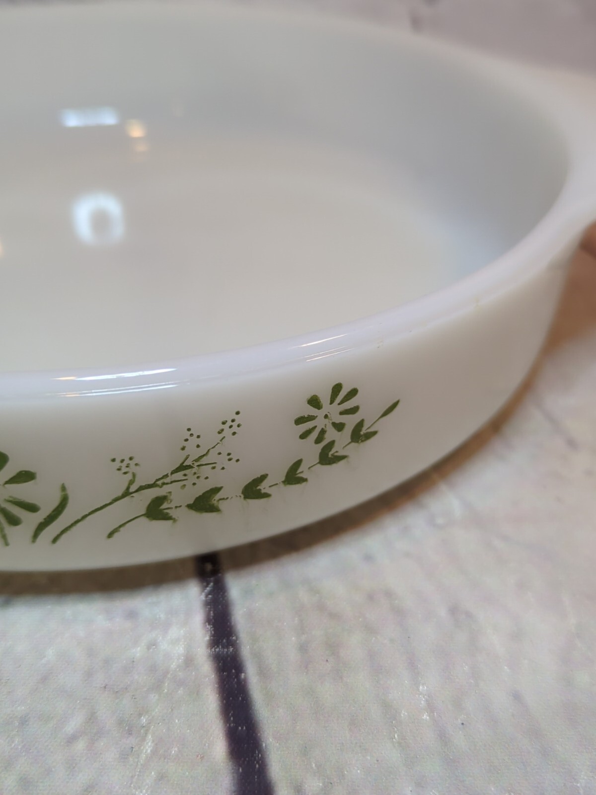 Vintage Glasbake 8.75” Round Green Flower And White Casserole Dish With Handles.