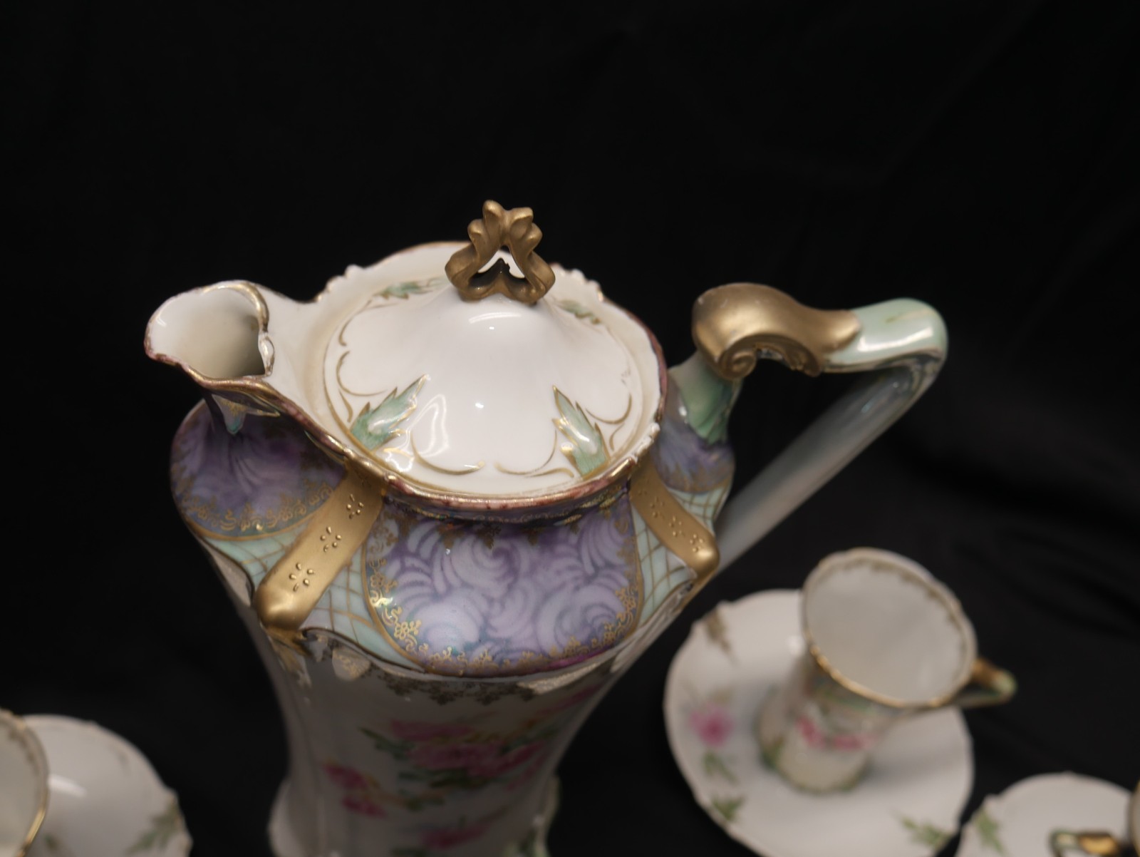 11pc ANTIQUE RS PRUSSIA hand painted FLORAL GOLD CHOCOLATE POT CUP & SAUCER set