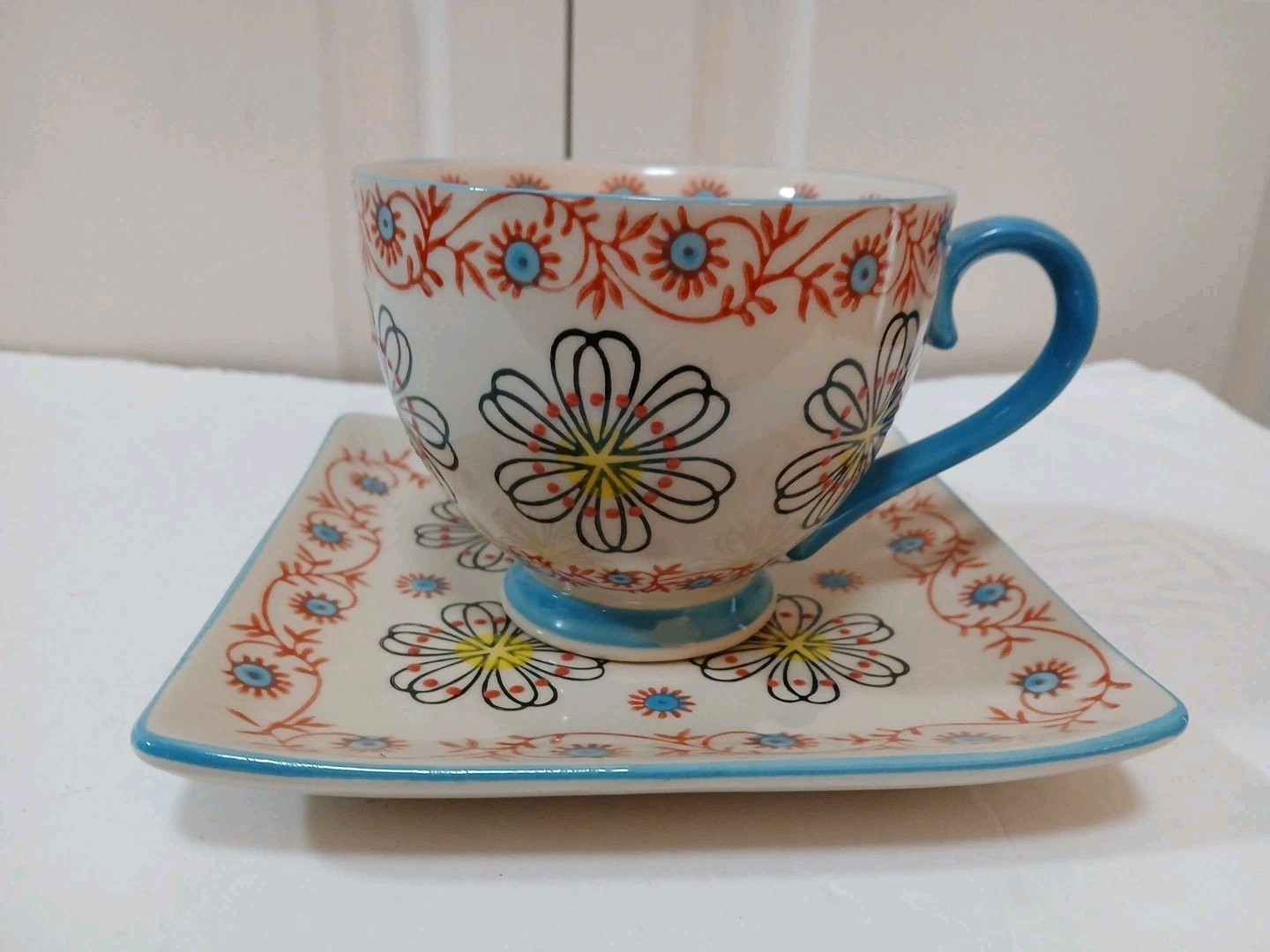 New Yokohama Studio Mug Plate/Saucer Hand Painted Lt Blue Yellow Raised Design