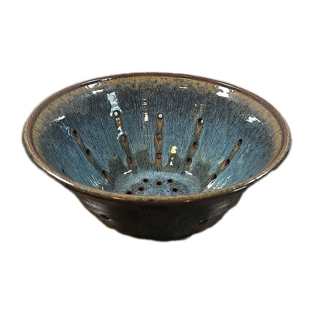 Glazed Pottery Vegetable Strainer Bowl Blue Beige Colander Heavy Kitchenware