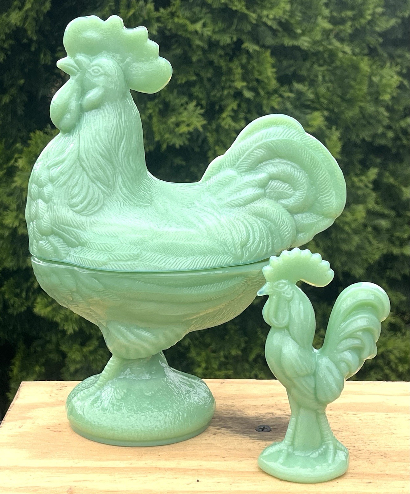 Large Jadeite GLASS Rooster Covered Dish on Pedestal & Small Jadeite Rooster