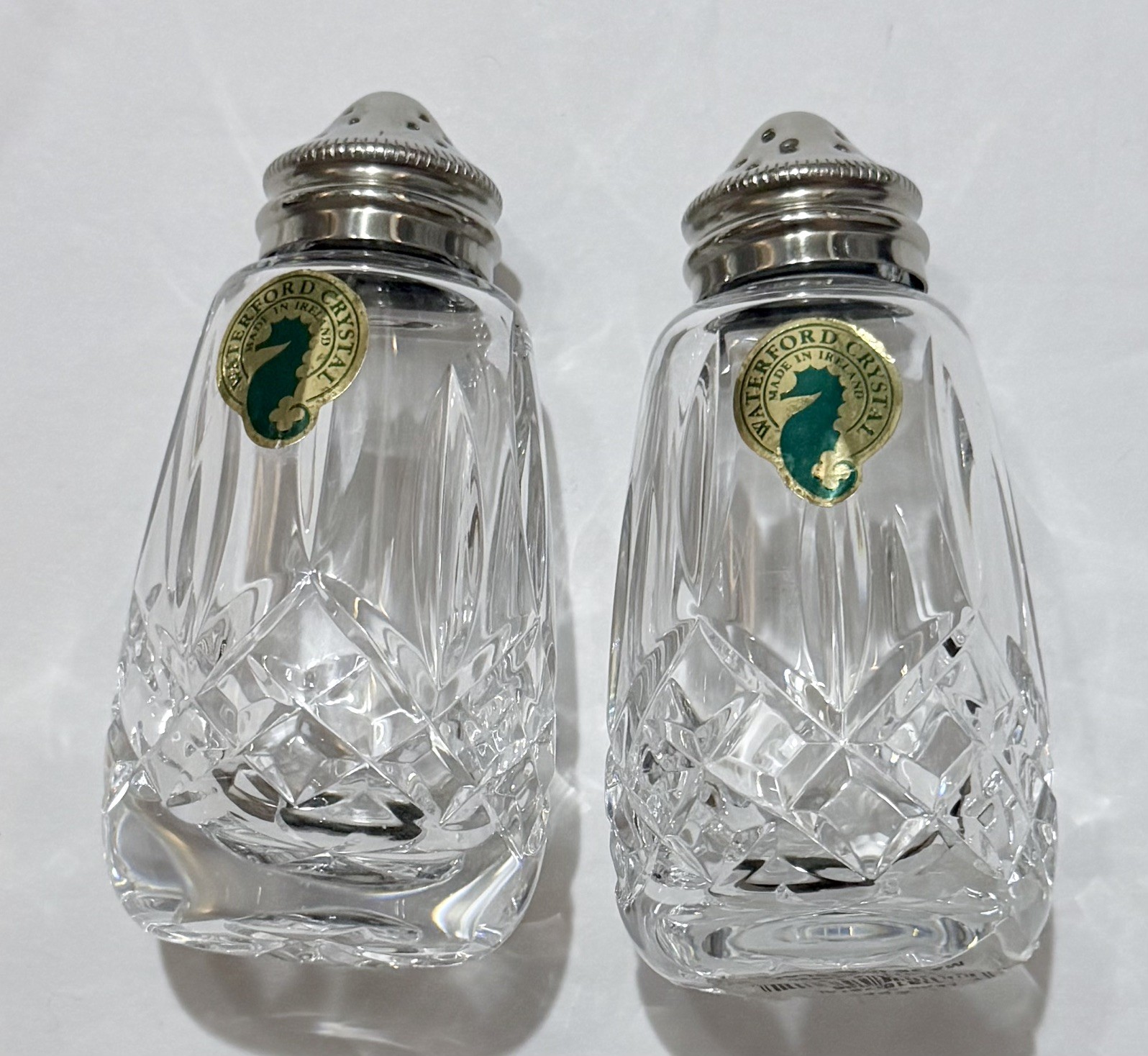 Waterford Crystal Lismore Salt & Pepper Shaker Set, Ireland, Seahorse signature