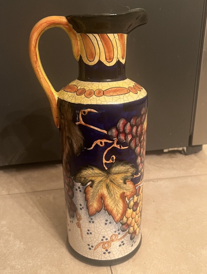 Italian Pottery Vintage Pitcher Fruit And Leaves Painted Rare Gorgeous