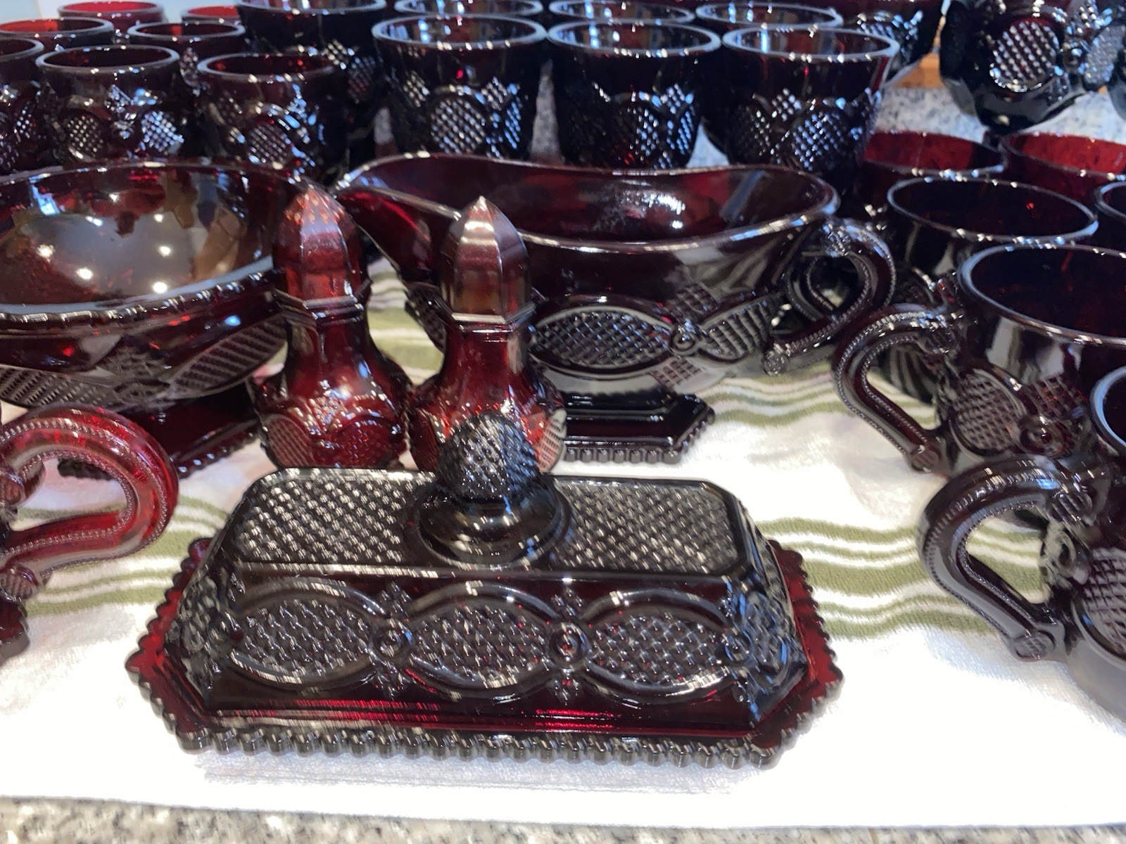 Dark Red Pressed Glass Dinnerware Set Plates Goblets Mugs Bowls Butter Dish