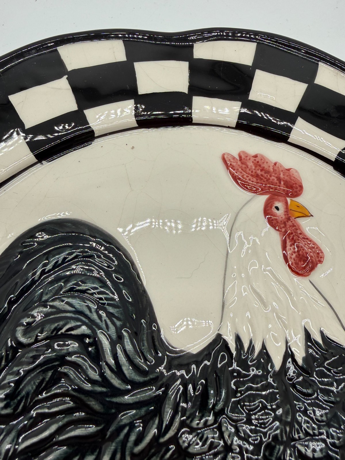 Decorative Rooster Plate with Black & White Checkered Border Home Decor Chicken