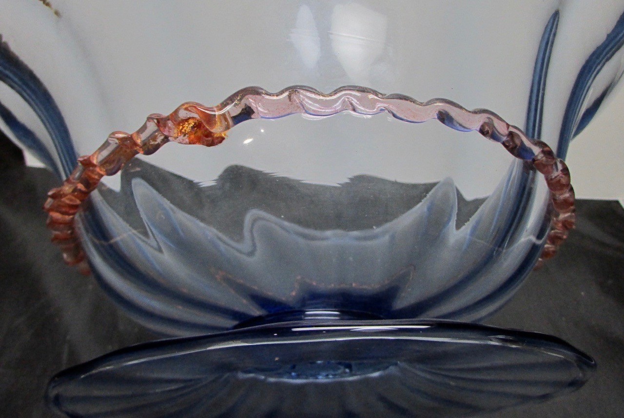 Murano Venetian Blue and Pink Footed Compote Bowl with Pink Rigaree 11 by 5