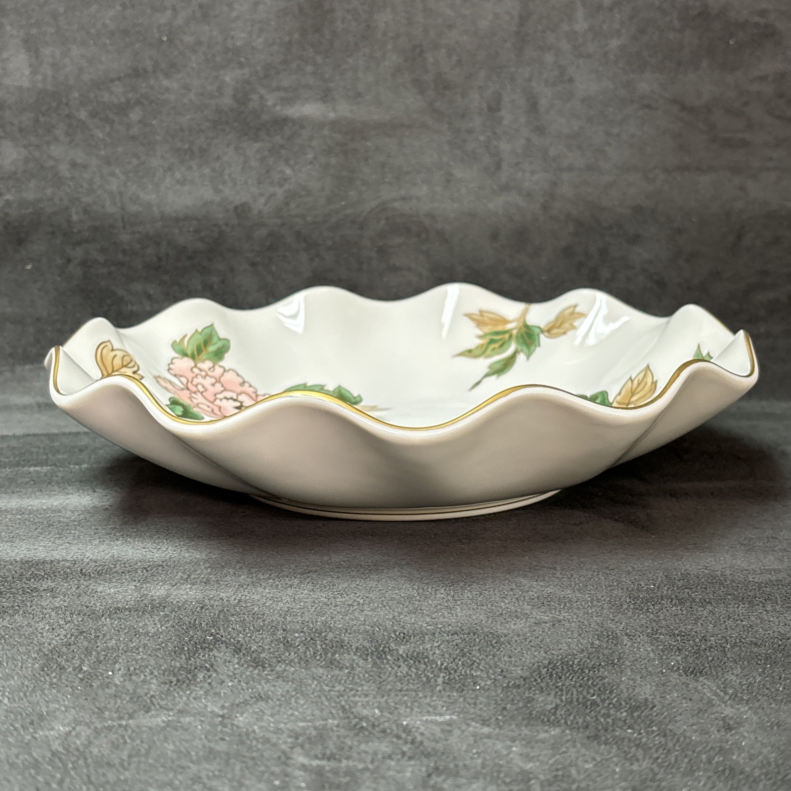 Fitz and Floyd CLOISONNE PEONY White Ruffled Edged Bowl 10 1/8 Inches