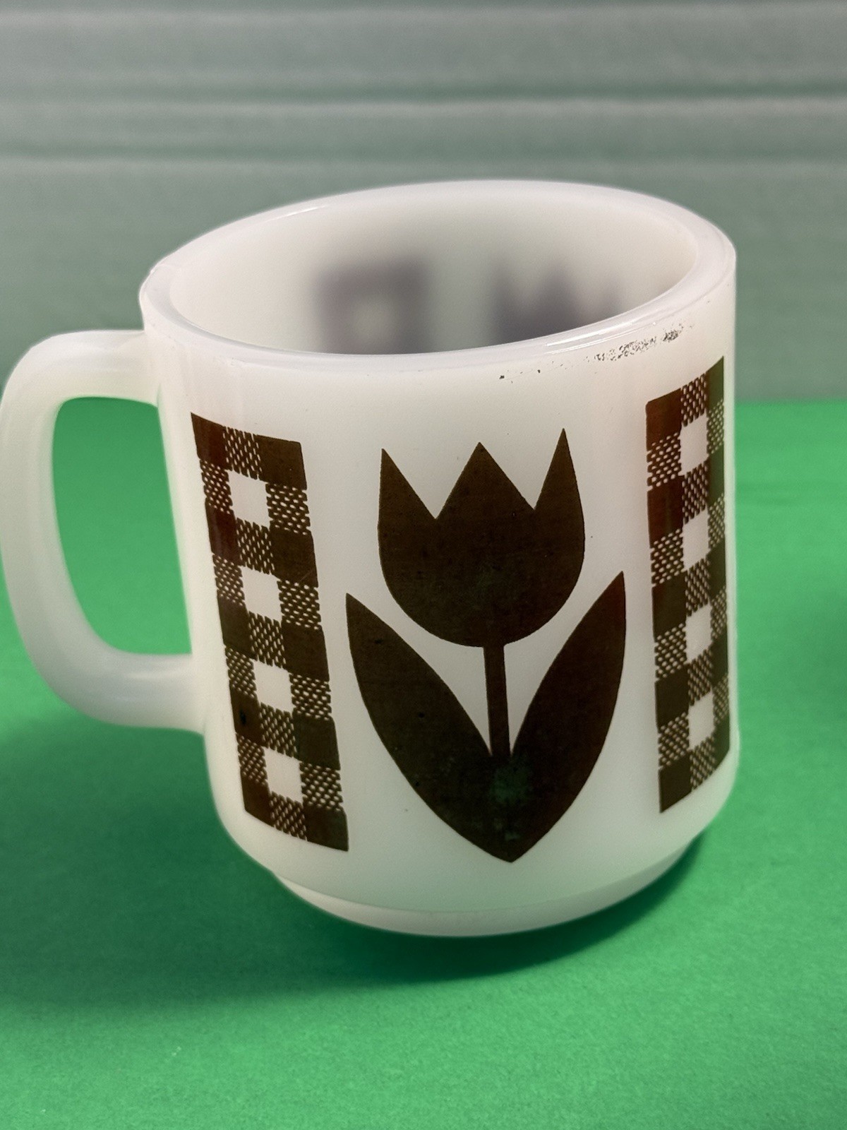 Vintage Glasbake Brown Tulip & Gingham Coffee Cup Mug 2 available 9-10 oz