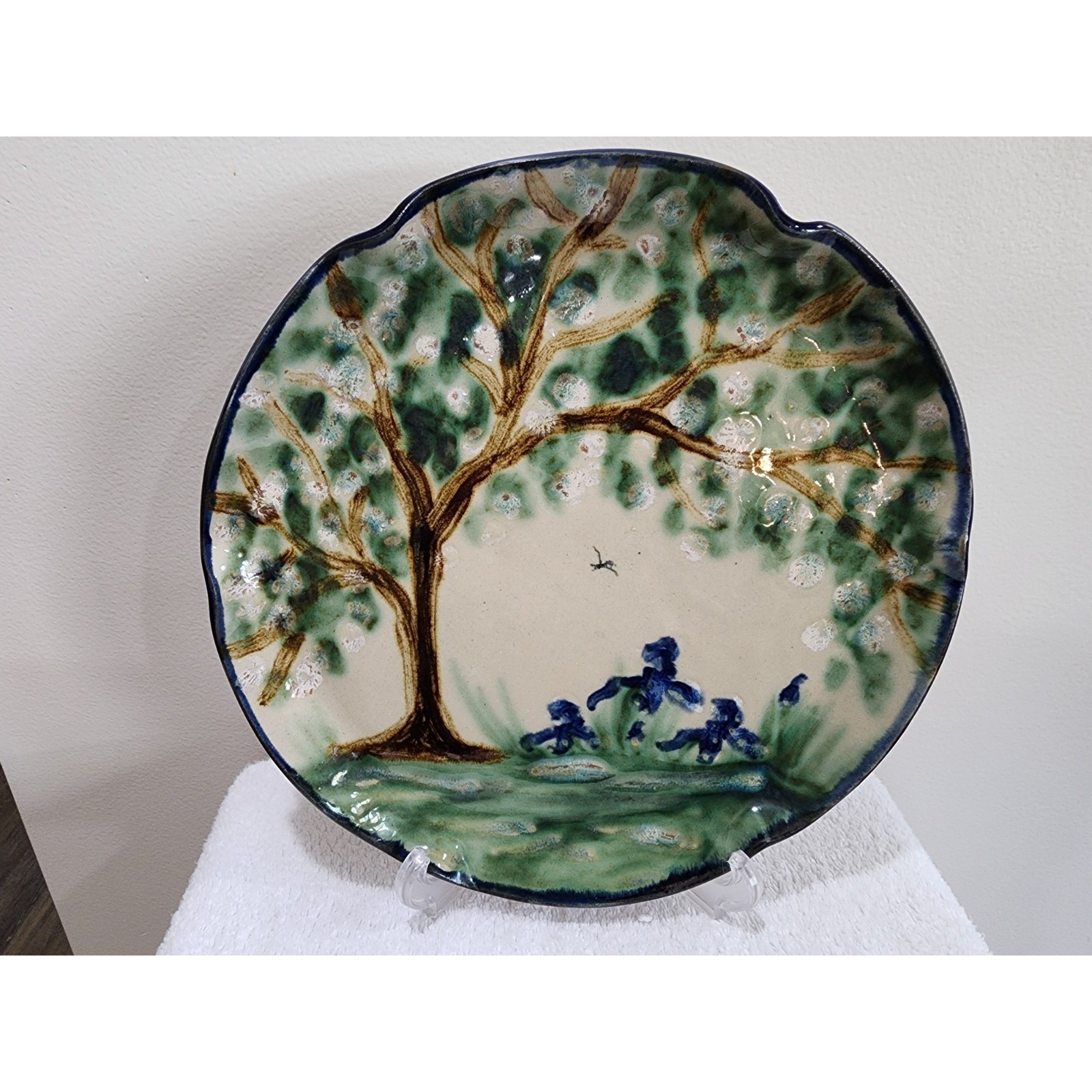 Signed Janet Resnik 13.5″ Hand Paint Lazy Susan Platter Tree Iris Studio Pottey