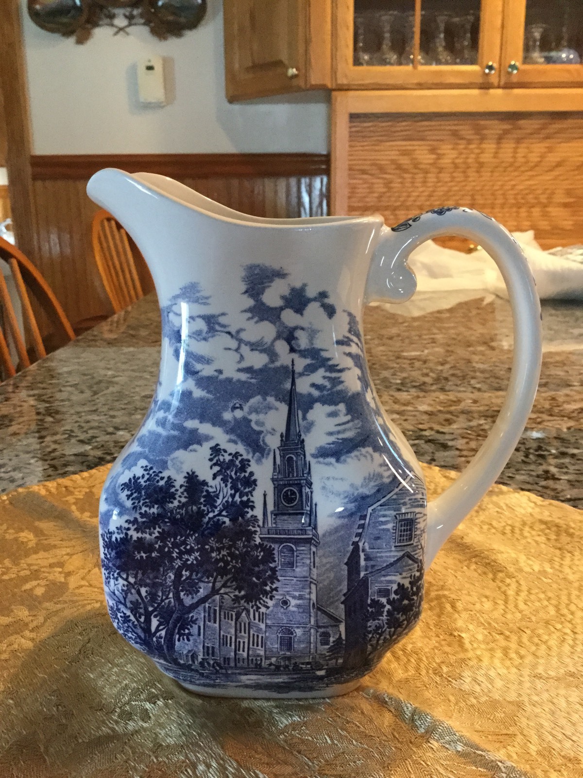 Staffordshire LIBERTY BLUE Pitcher 7.75 in. Old North Church Ironstone White