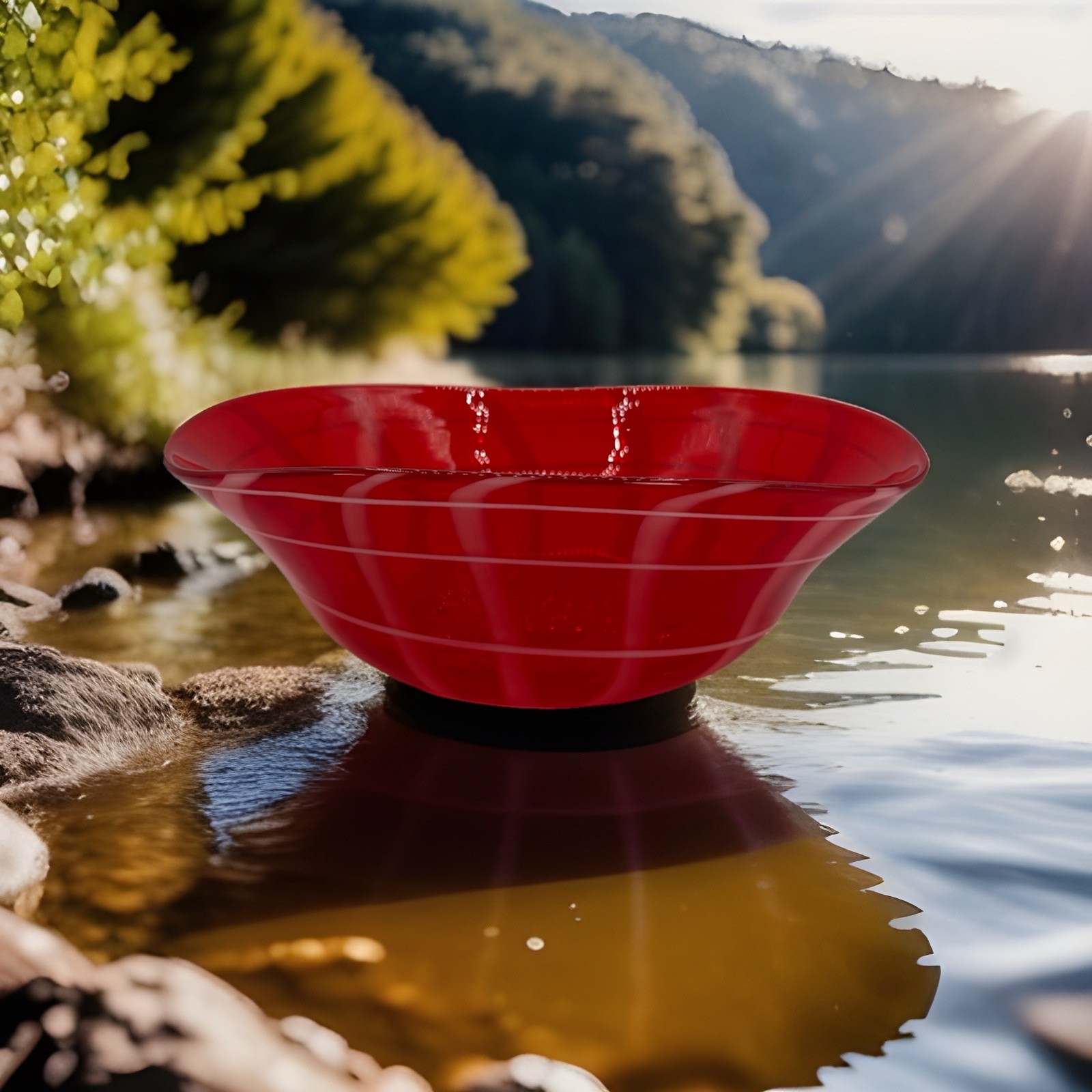Hand Blown Glass Red And White Swirl Candy Bowl Asymmetrical Design Serving Bowl