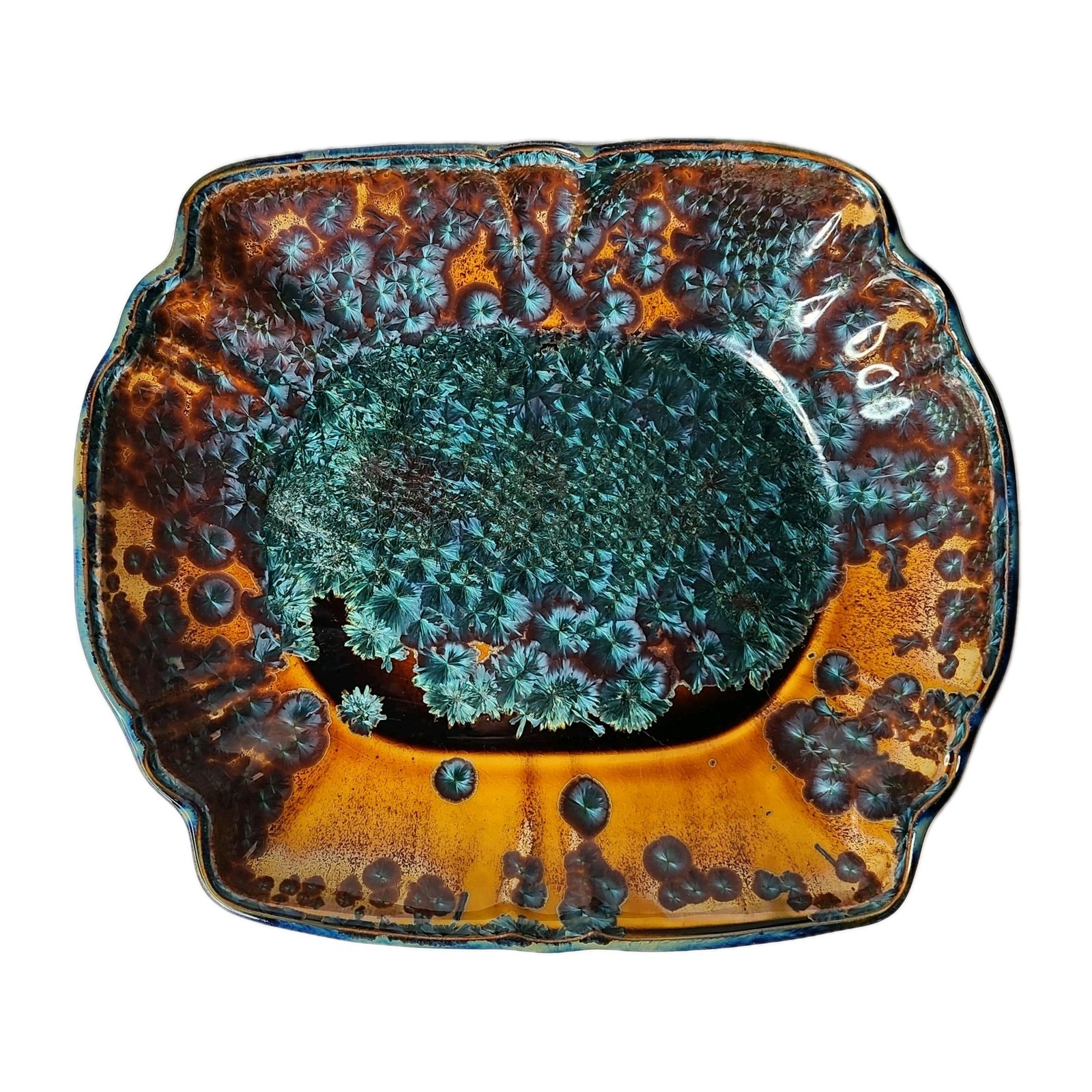 Vintage Studio Pottery Deep Amber & Teal Crystalline Glaze Ceramic Platter