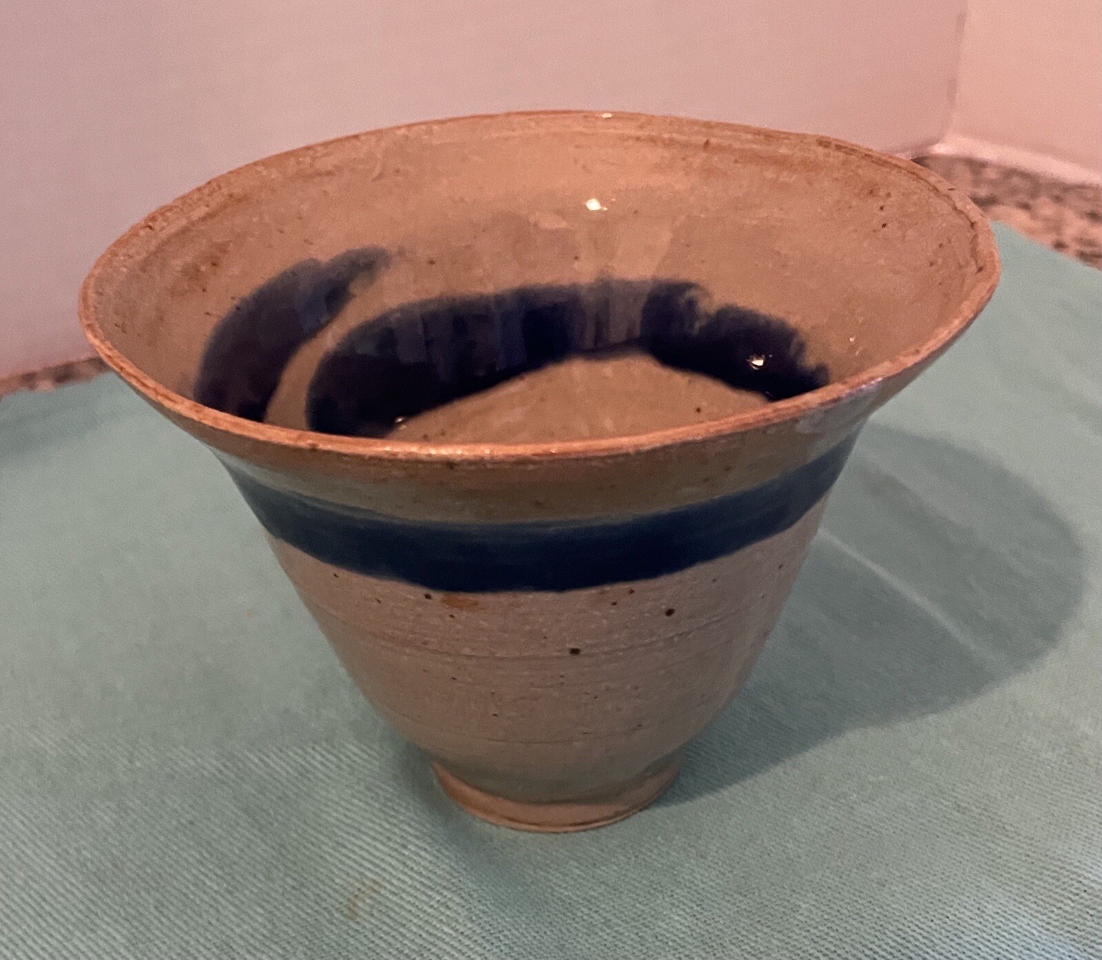 Small Handmade Studio Art Pottery Bowl Tan & Blue Signed( Tsh)