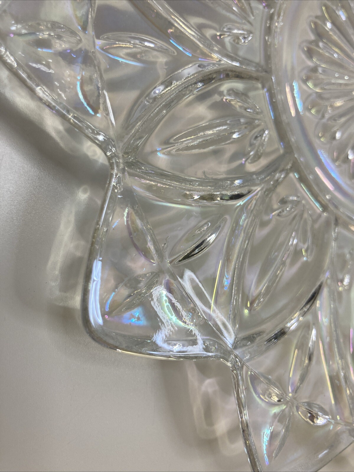 Vtg 1960s Star Flower Petal Federal Clear Iridescent Carnival Glass Plate 9.25″