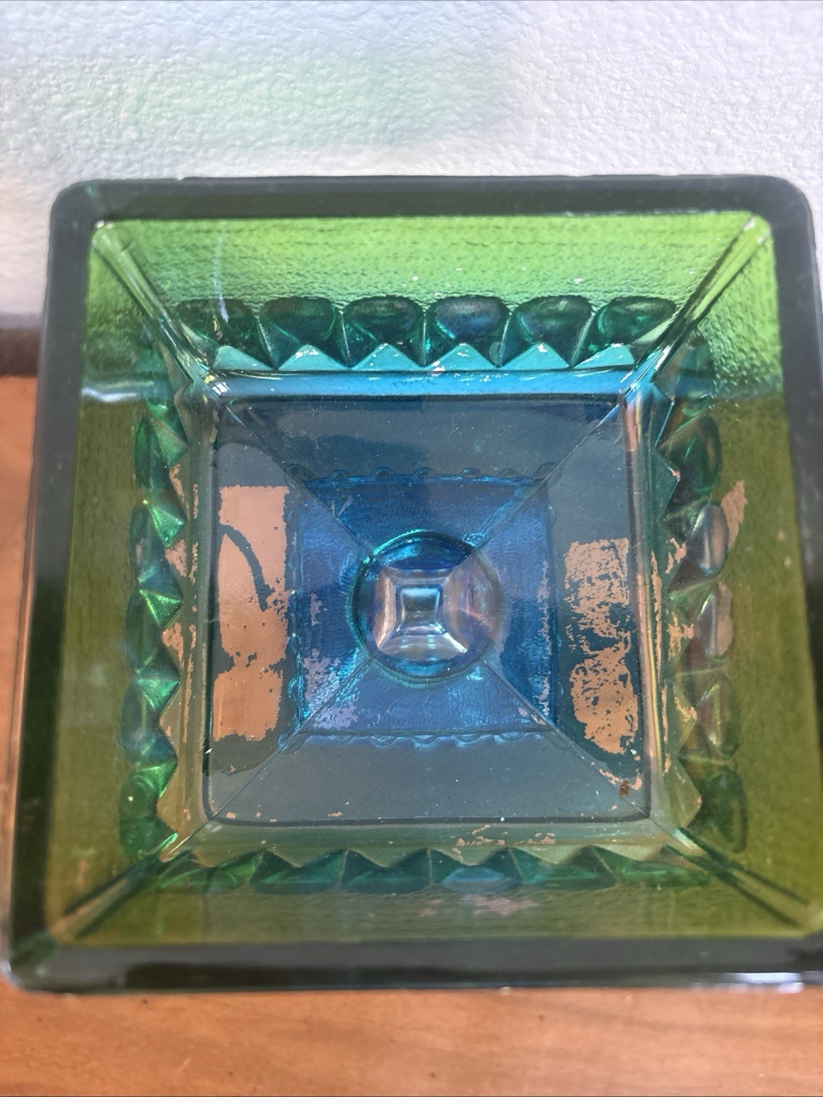 Vintage Jeannette Green to Blue Flashed Glass Compote Candy Dish