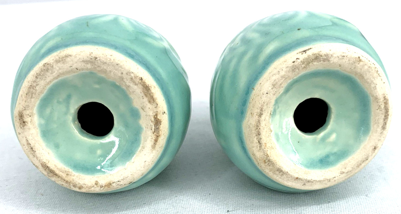 Shawnee Pottery Salt Pepper Shakers Aqua Blue Turquoise Flower Fern 3” Embossed