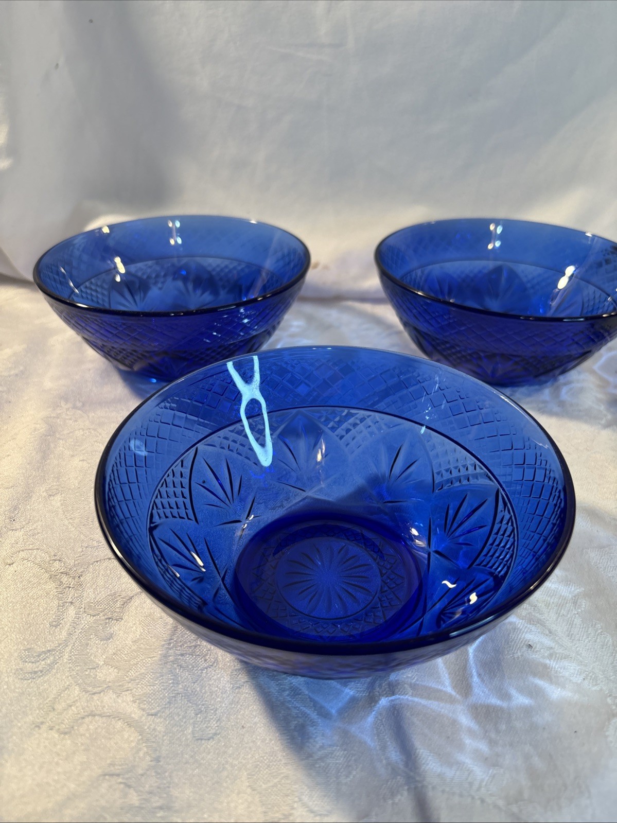 Cristal D’Arques-Durand Sapphire Blue 5 5/8in. Salad Bowls Set of 3 Vintage