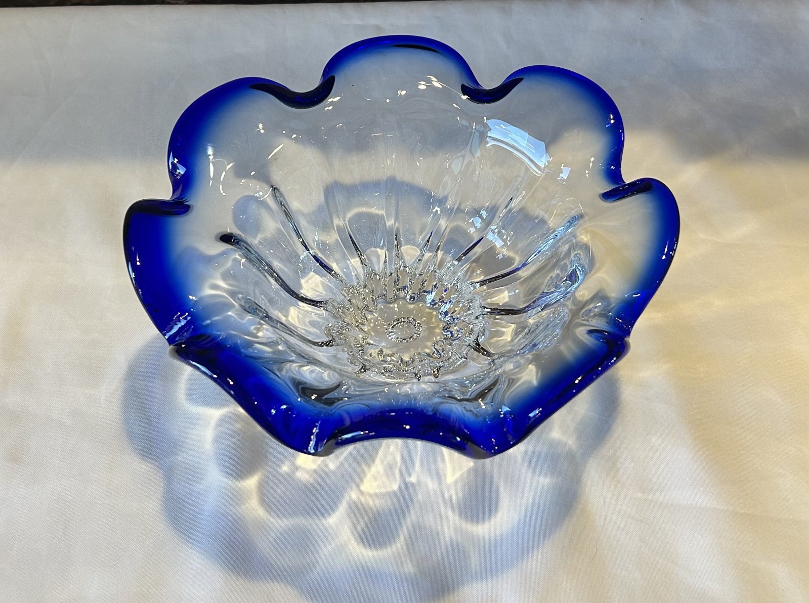 Shannon Crystal Designs of Ireland Clear/Cobalt Blue Crystal Ruffled Rim Bowl