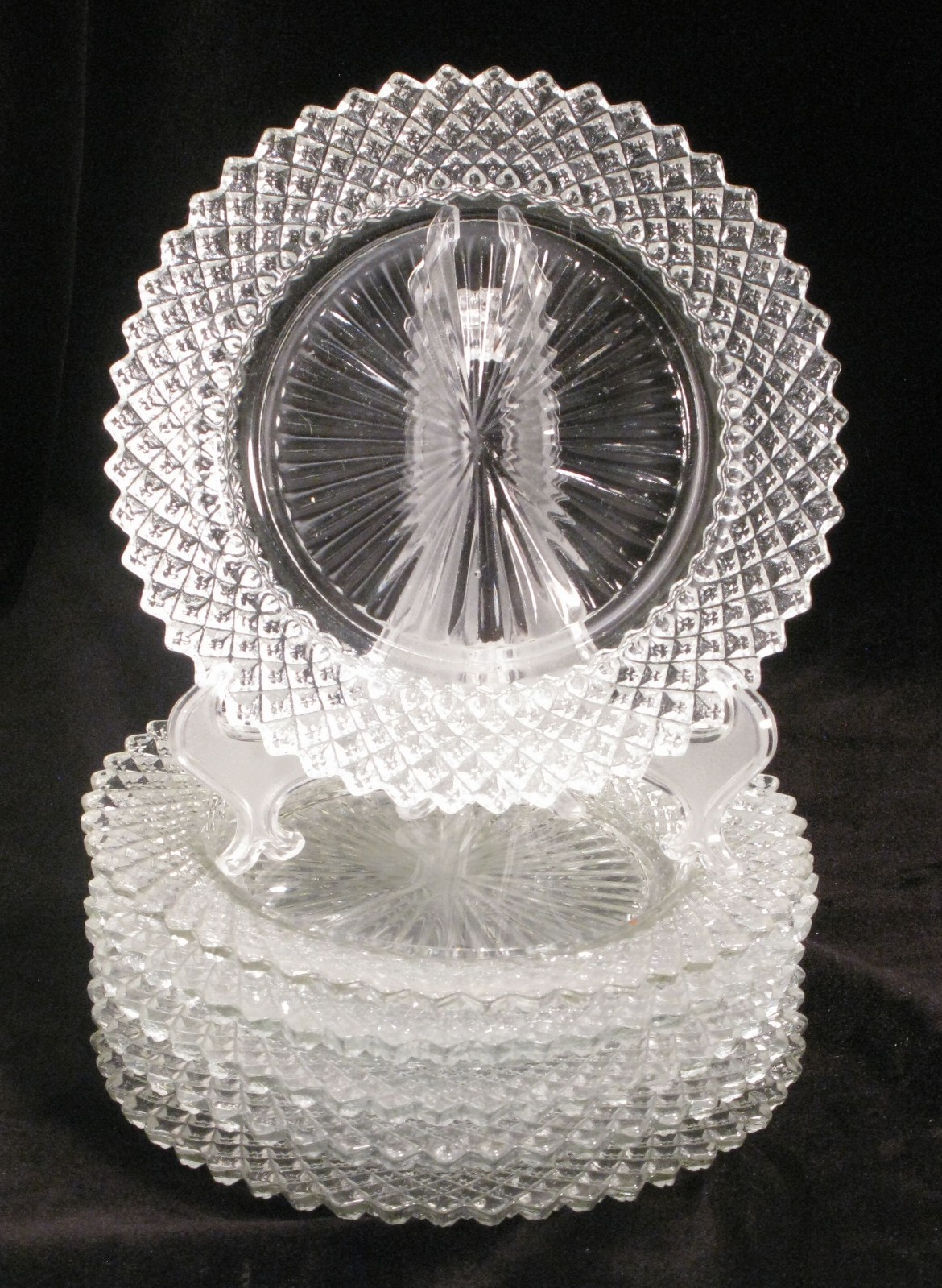 Set of 6 Vintage Clear Pressed Glass Luncheon Dessert Plates Diamond Cut Pattern