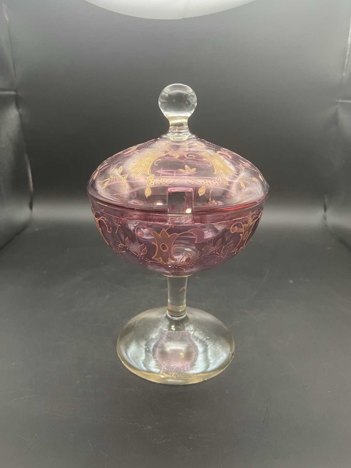 Cranberry Glass Candy Dish Bohemian Czech Lidded Pedestal Gold Details Vintage