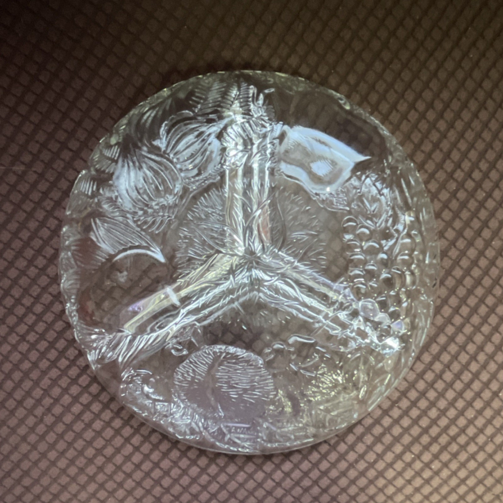 Clear Glass Divided Dish with Fruit and Leaves Pattern, 3 Compartments, 8 in
