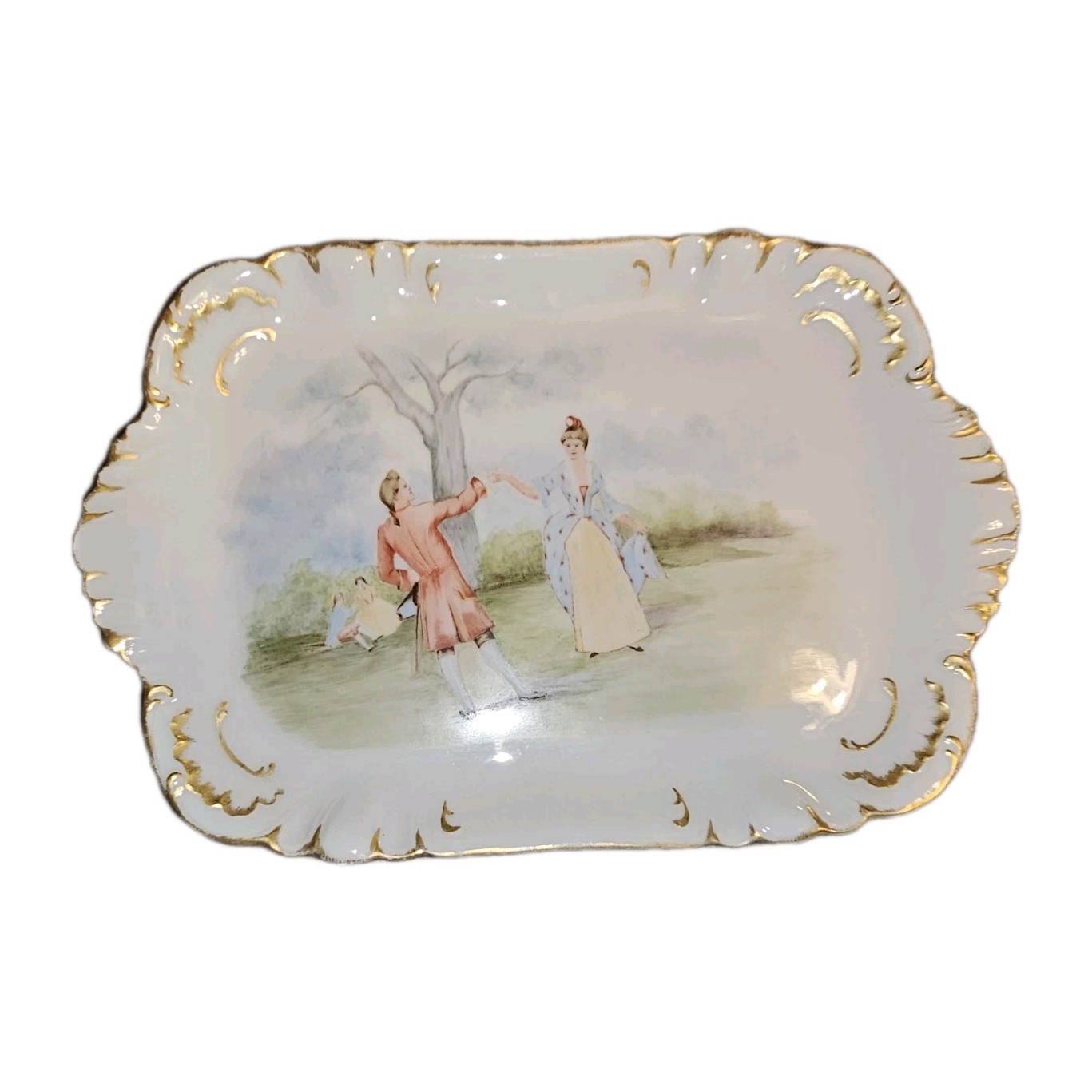 Limoges CFH GDM Hand Painted 11″ Handled Tray Courting Scene 1893 Gilt Antique