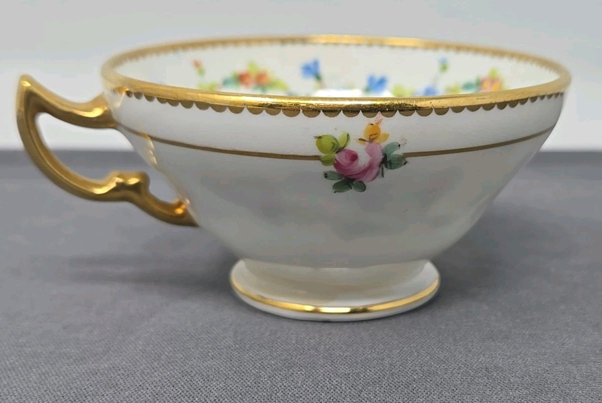 Minton Demitasse Cup Saucer H1100 Floral, Gold Border C. 1905