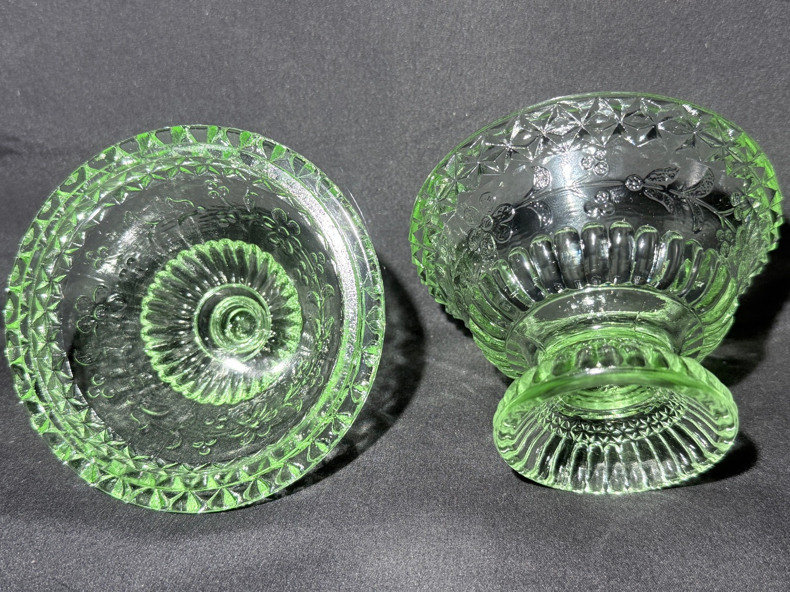 Green Vaseline Uranium glass covered candy dish coffee sugar jar butter selenium