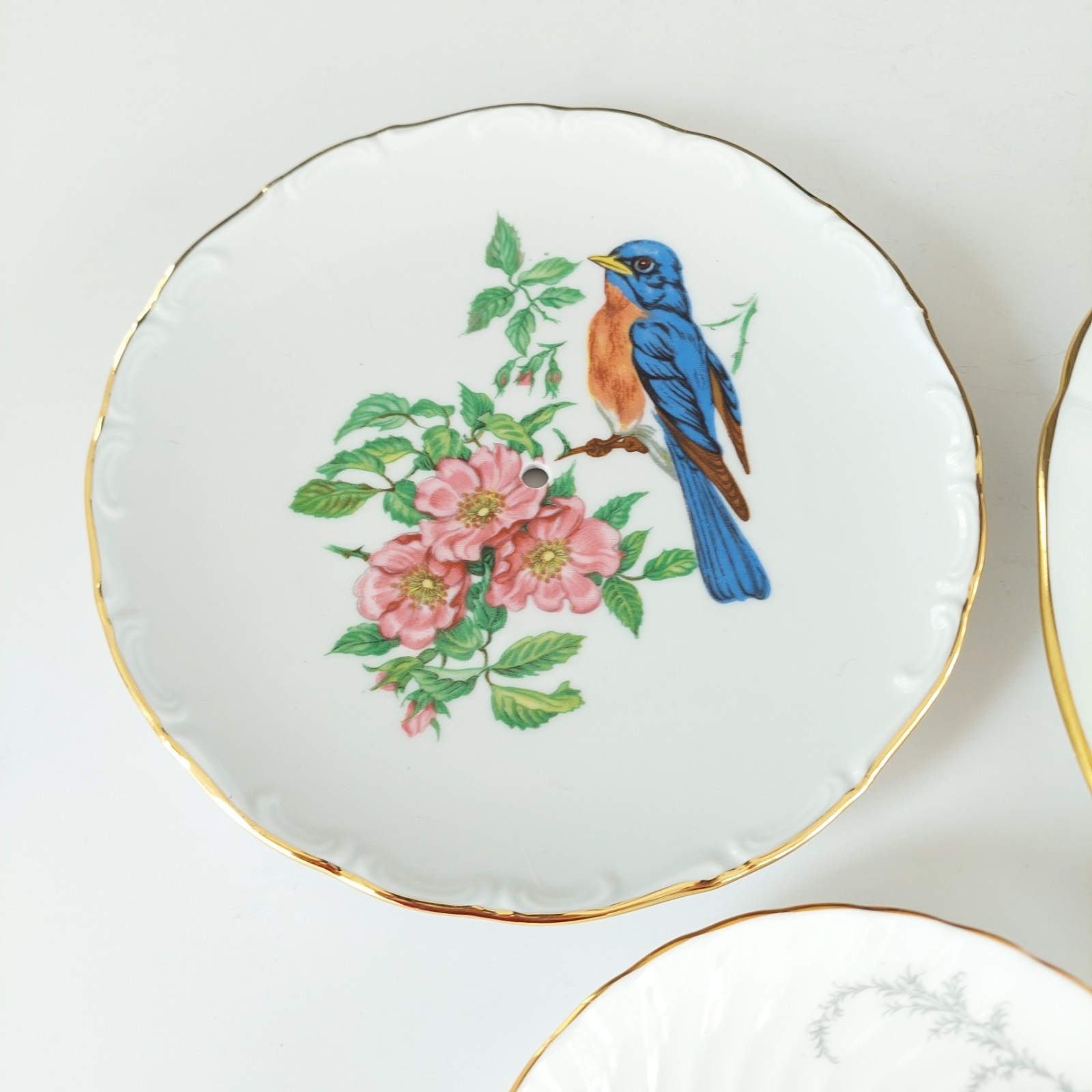 Vintage 3 Tier Cake Stand Bone China Porcelain Bluebird Floral Afternoon Tea