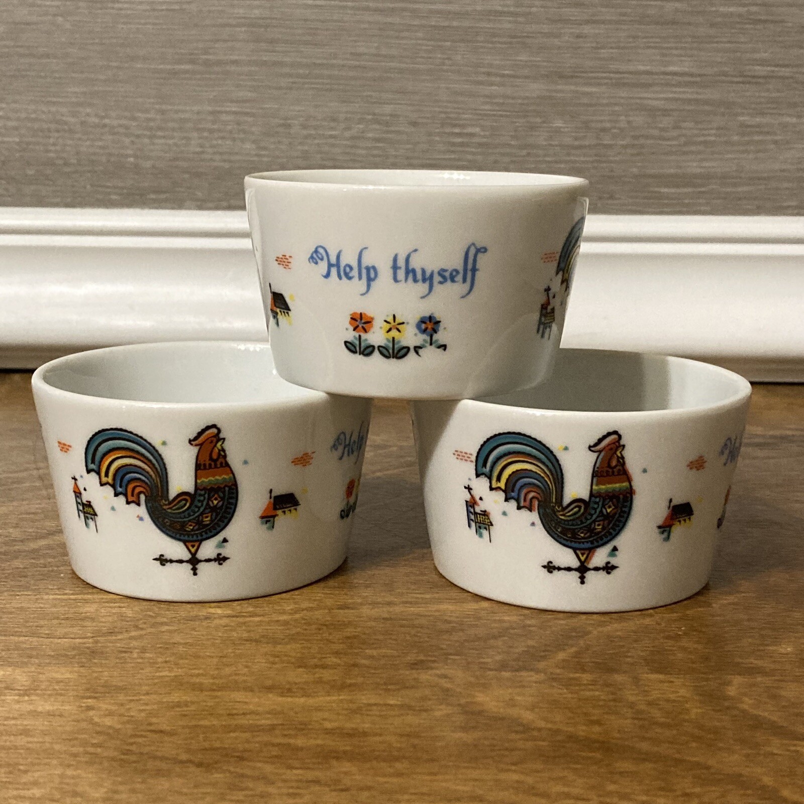 Berggren Rooster Help Thyself Cups Custard Fruit Set Of 3 Scandinavian Vintage