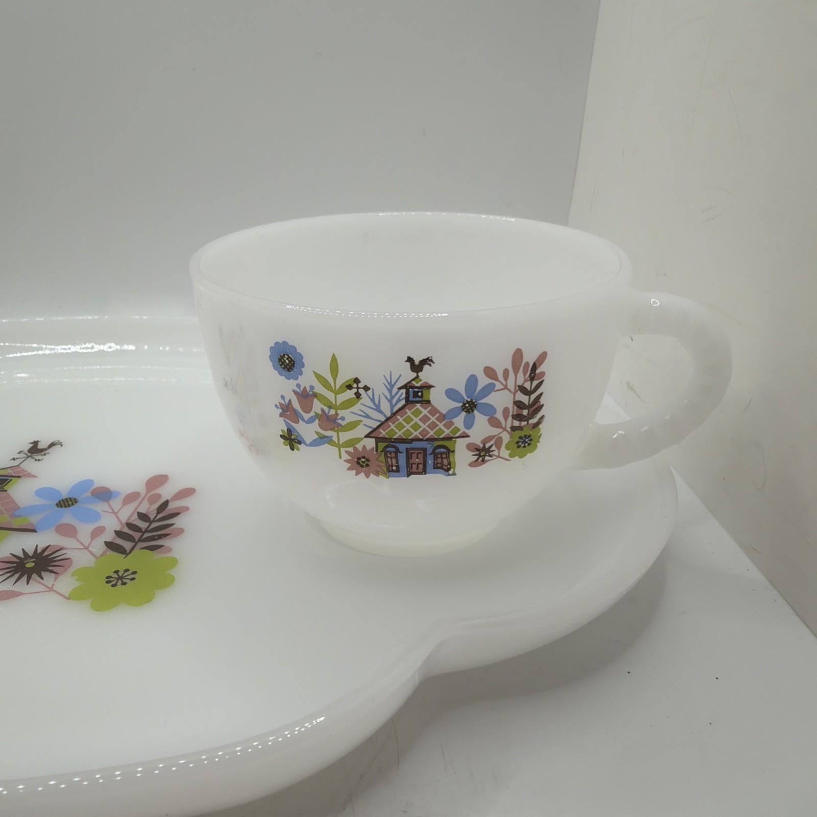 1950’s Federal Glass Company Milk Glass Chalet Snack Set Plate & Cup Vintage