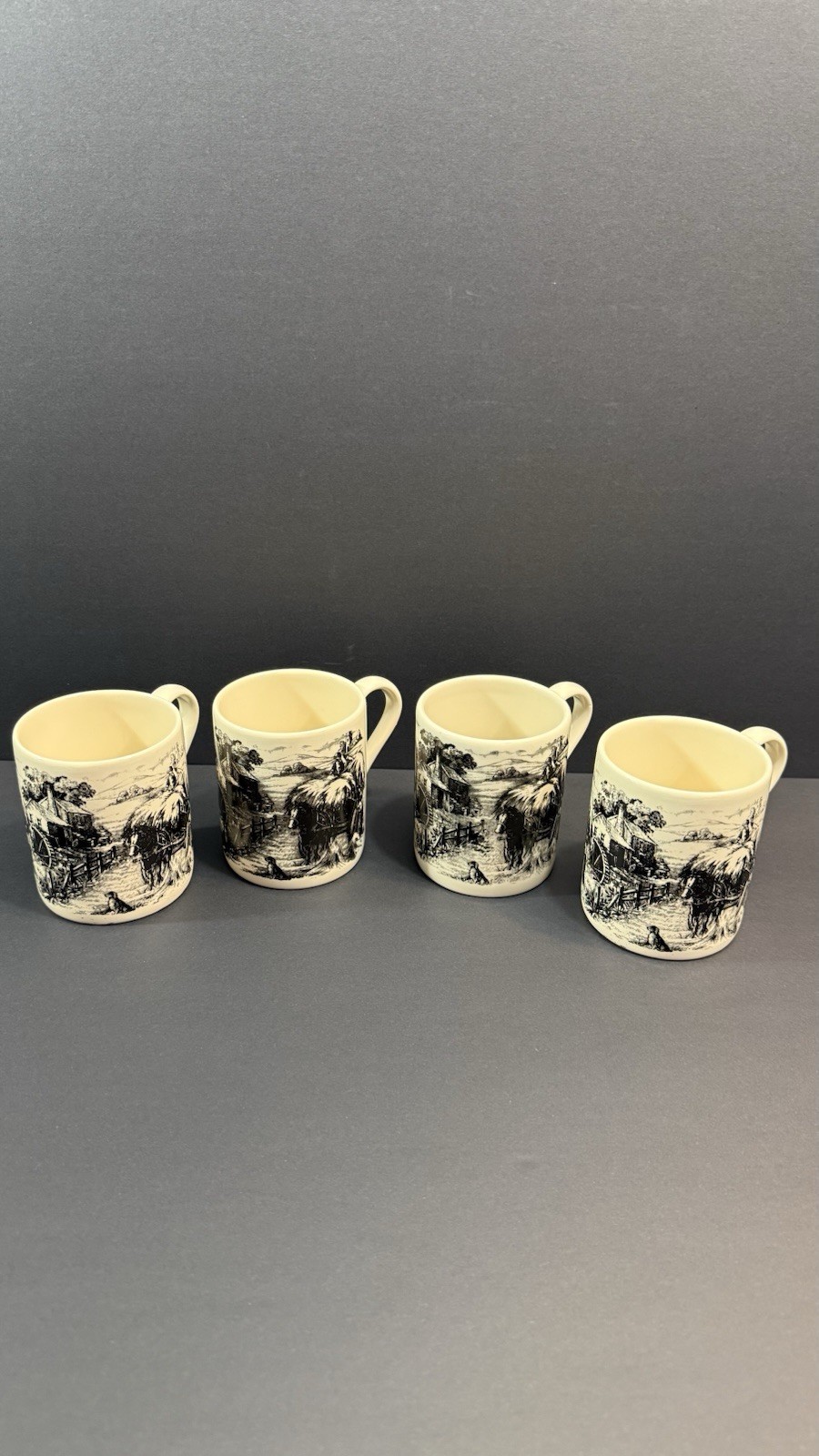Royal Stafford Hayride Black Coffee Mugs Set of 4 England Transferware
